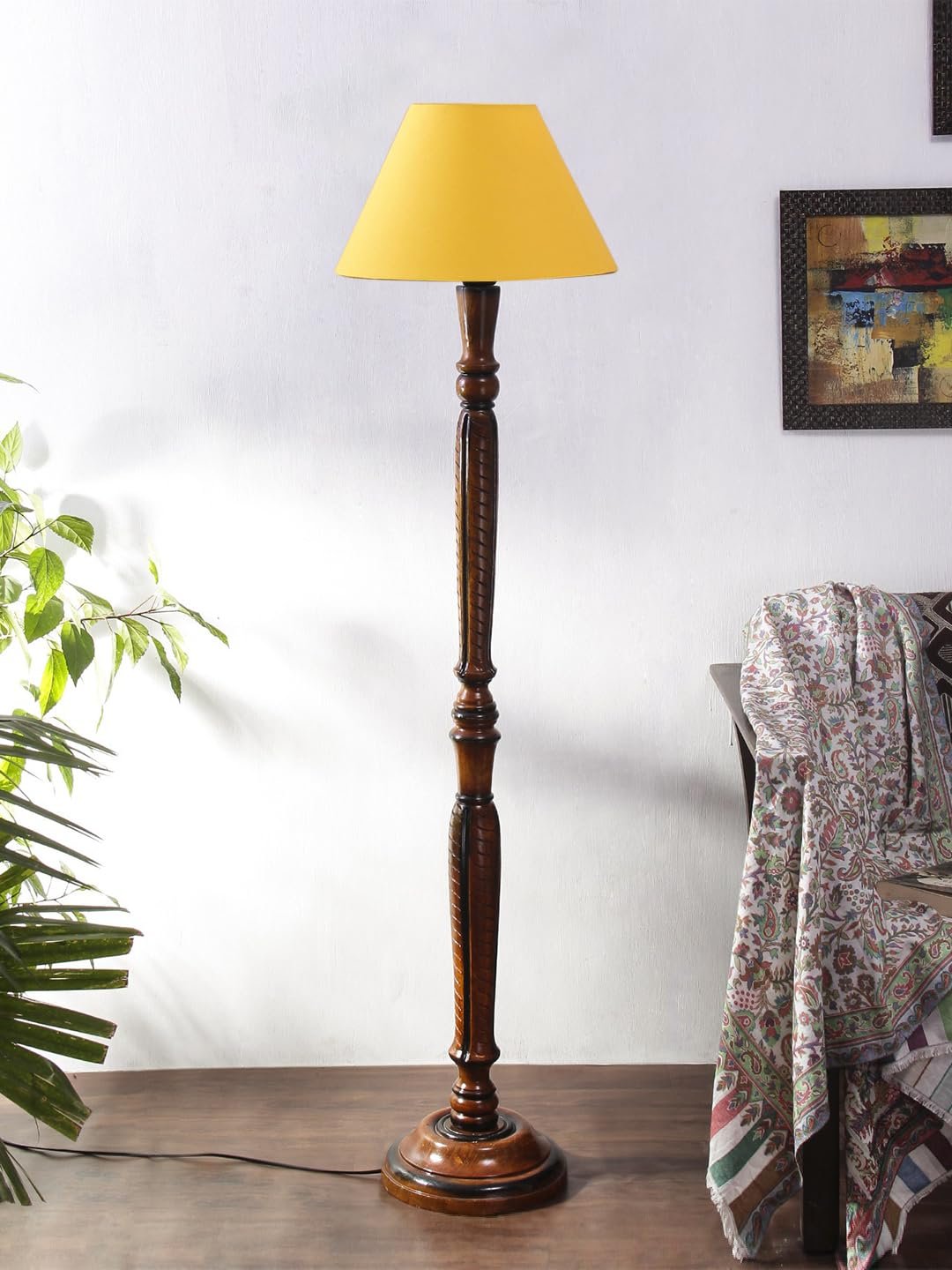 Yellow Cotton conical Wooden Floor lamp -20
