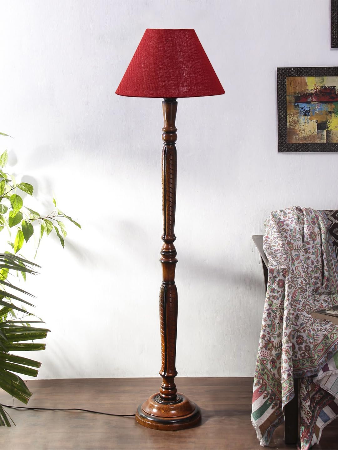 Maroon Jute Conical Wooden Floor lamp -26