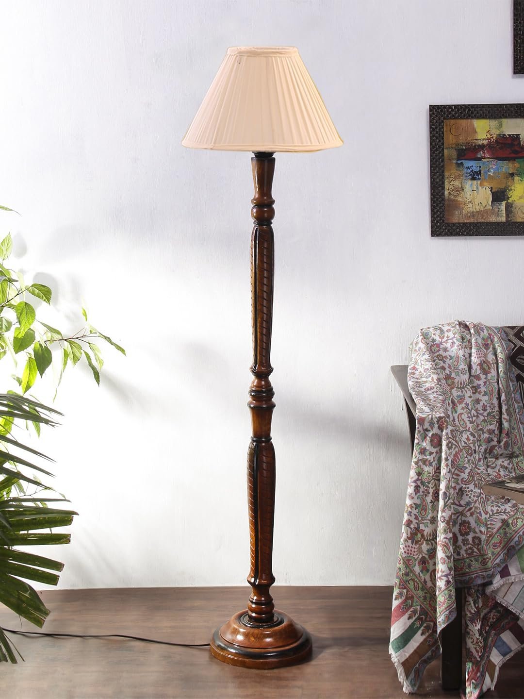 Straight Pleated Off-White Cotton Wooden Floor Lamp -31