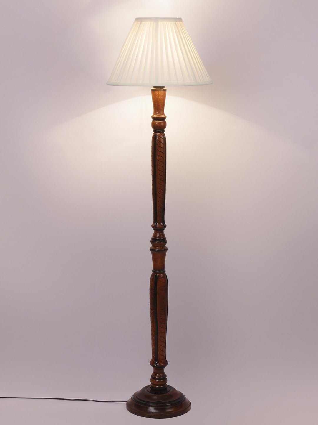 Straight Pleated Off-White Cotton Wooden Floor Lamp -31