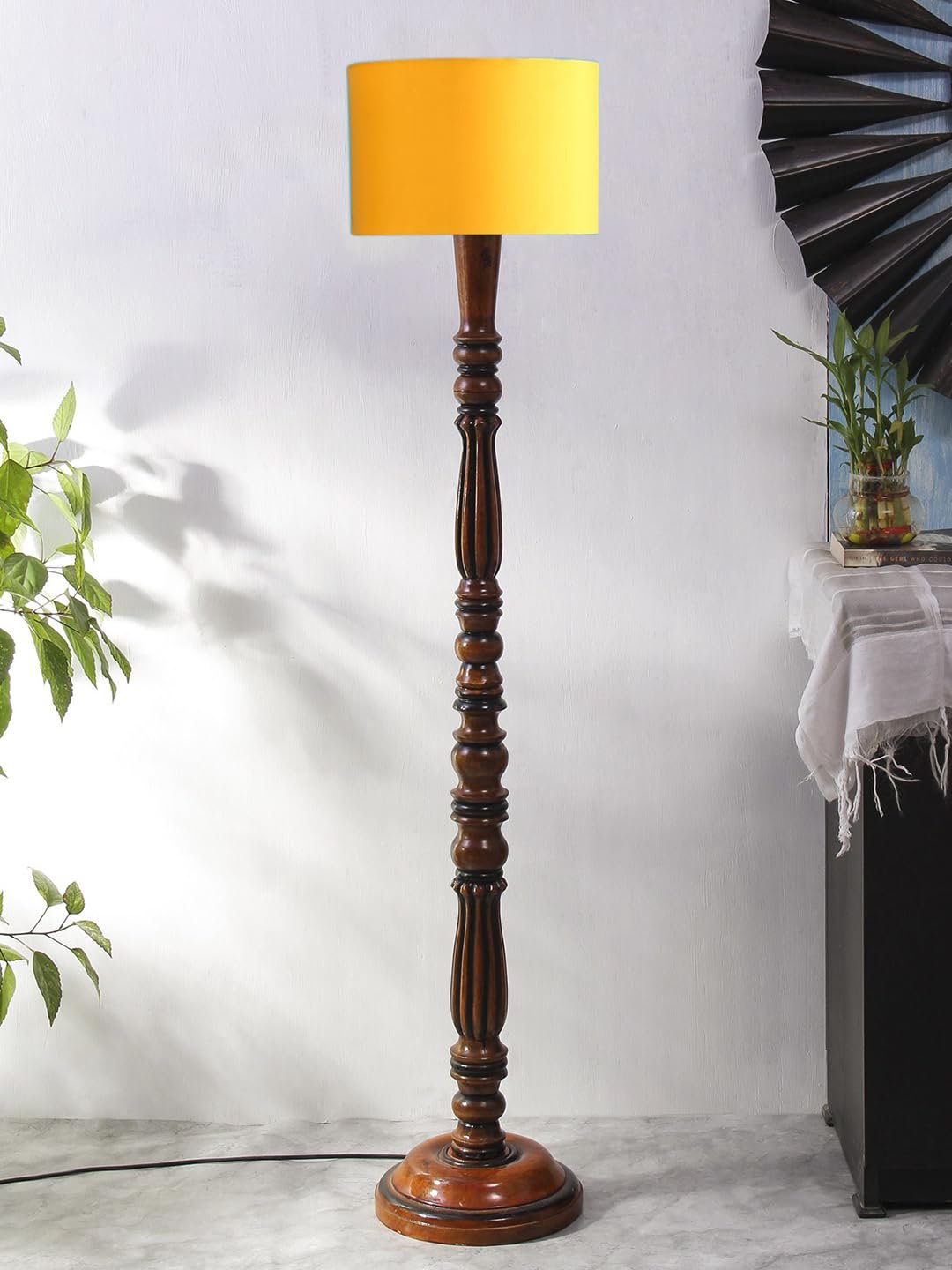 Yellow Cotton Wooden Floor Lamp -42