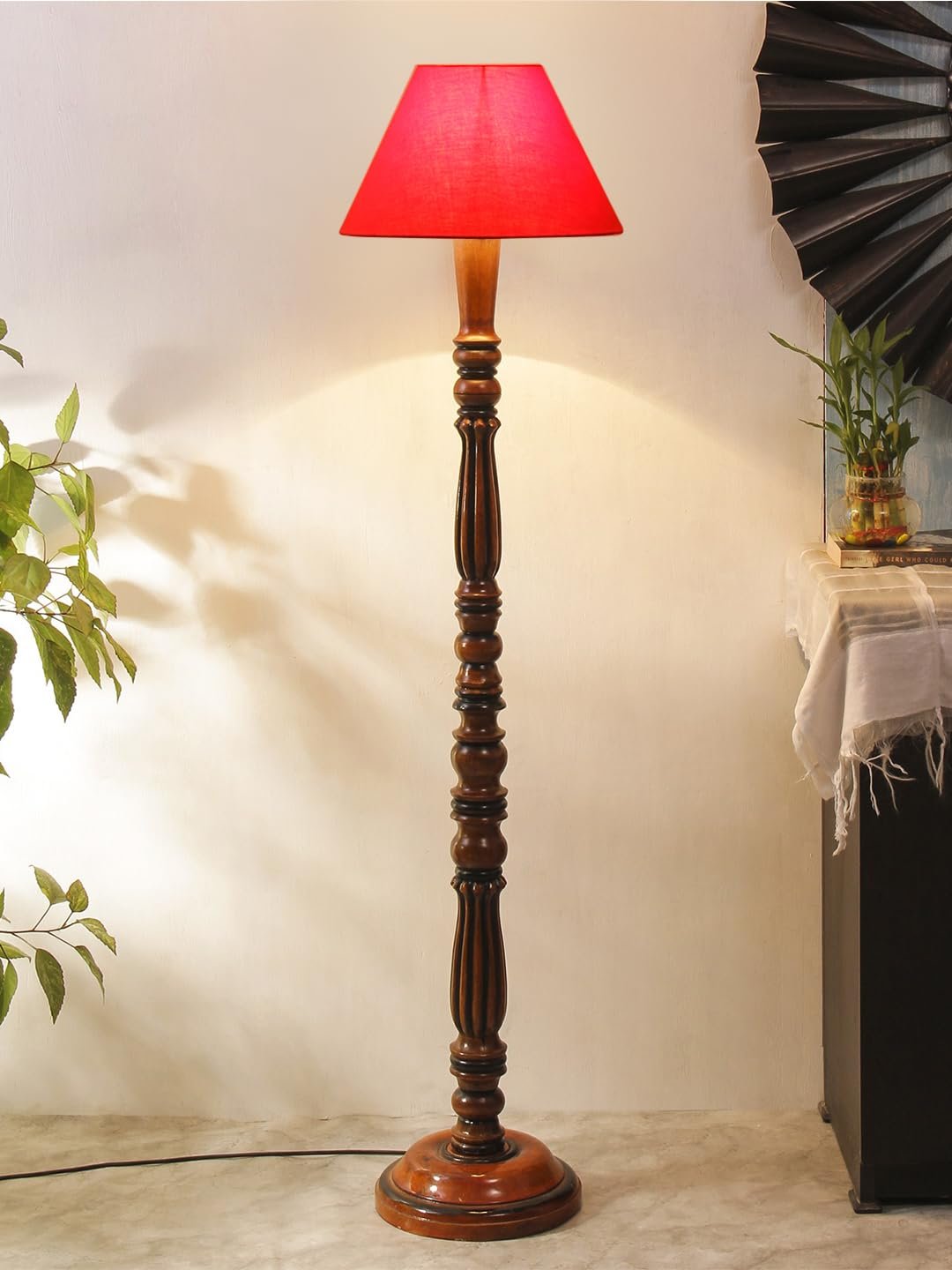 Red Cotton conical Wooden Floor lamp -56