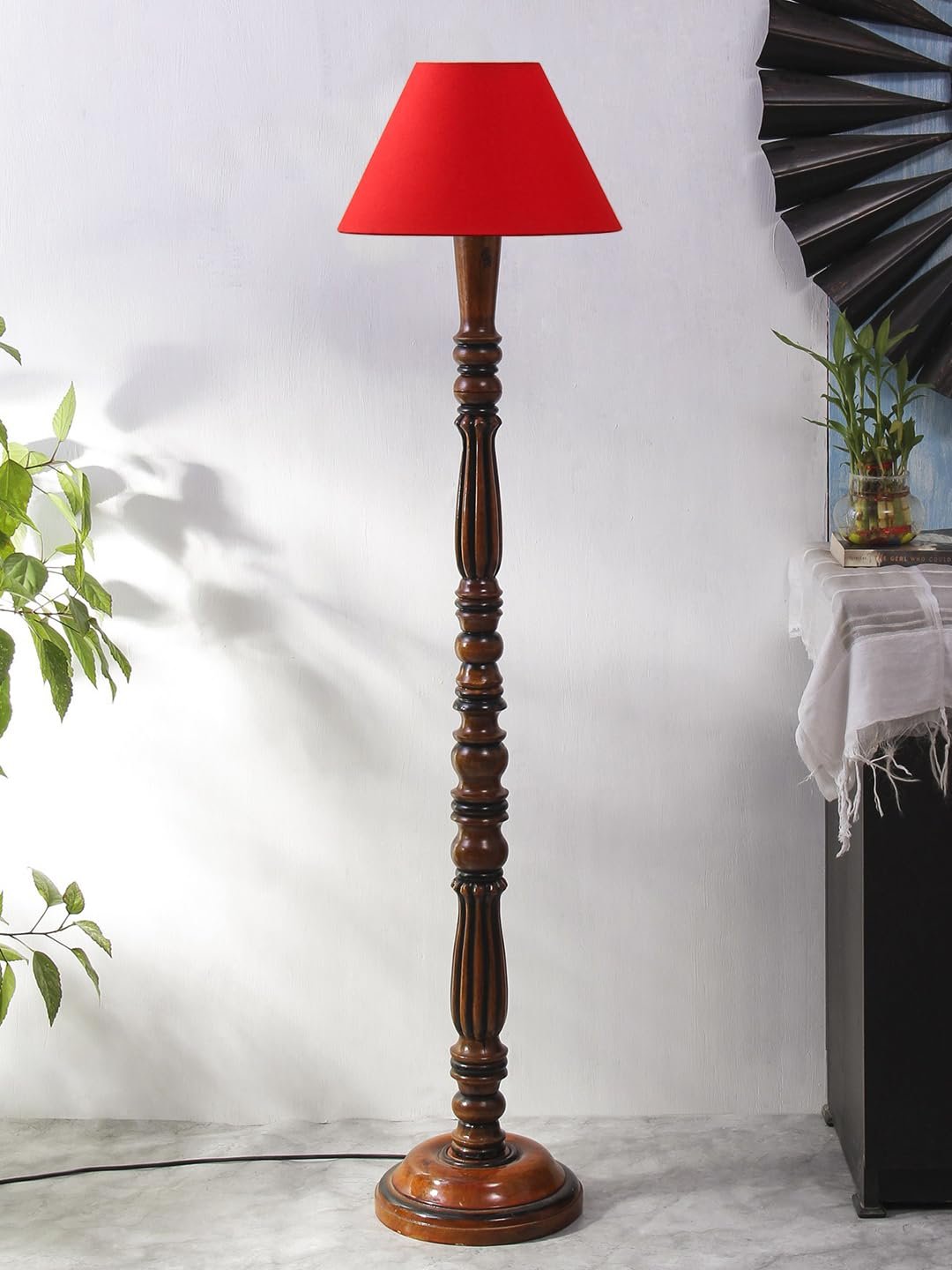 Red Cotton conical Wooden Floor lamp -56