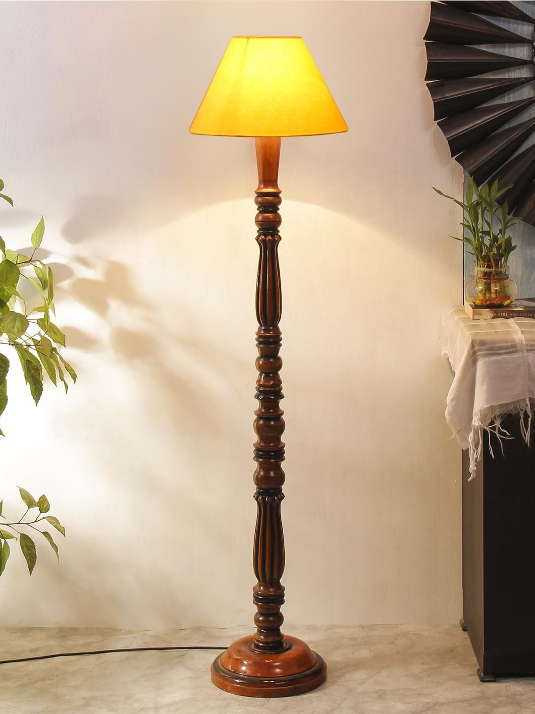 Yellow Cotton conical Wooden Floor lamp -58