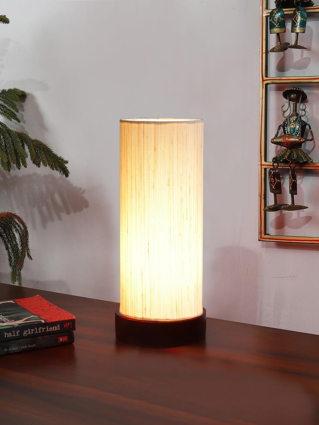 Off-White Cotton Table lamp Office/Home/Gifting with Wood Black Base (5x5x11) Inches -Off-White