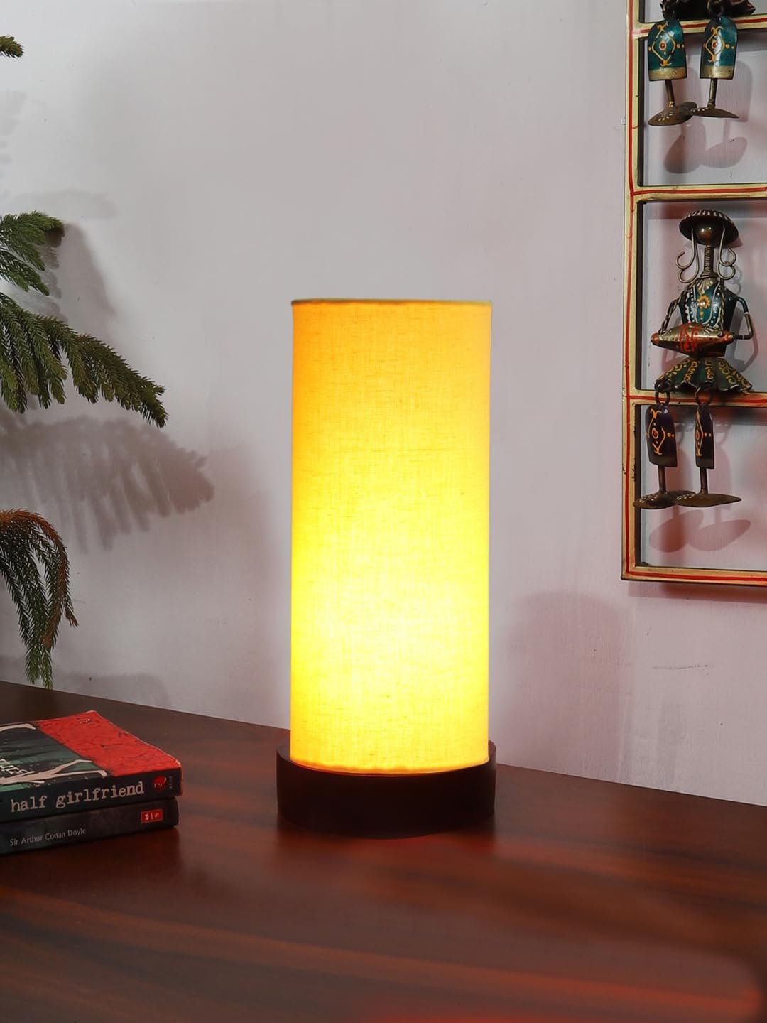 Yellow Cotton Table lamp Office/Home/Gifting with Wood Black Base (5x5x11) Inches -Yellow
