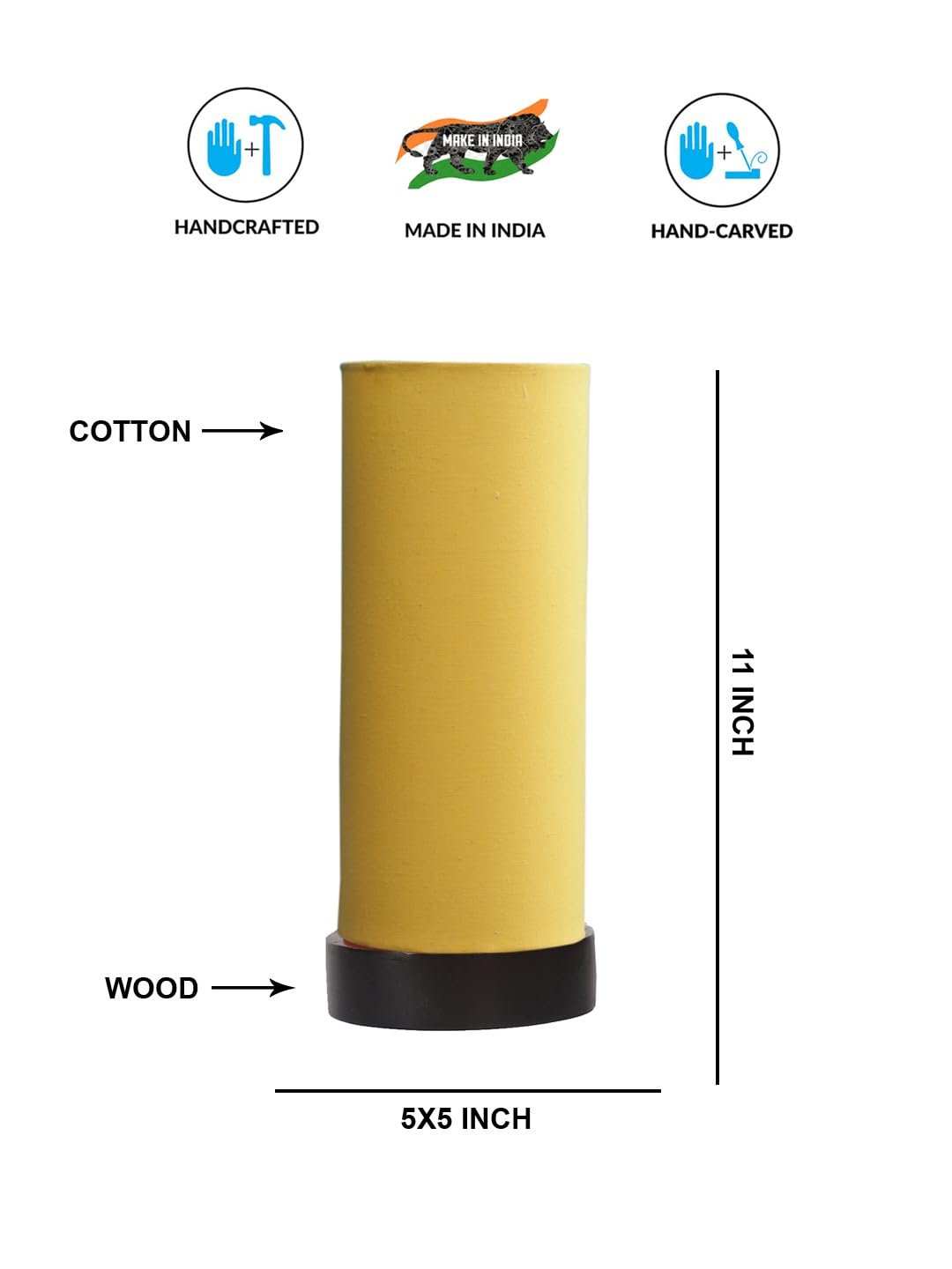 Yellow Cotton Table lamp Office/Home/Gifting with Wood Black Base (5x5x11) Inches -Yellow