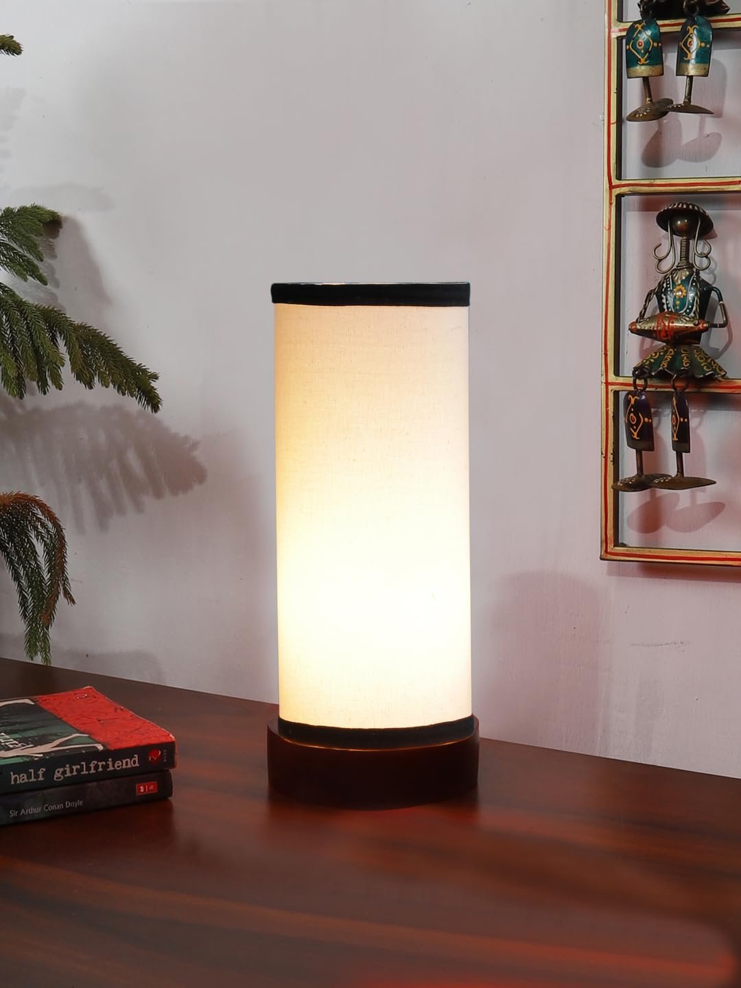 White & Black Cotton Table lamp Office/Home/Gifting with Wood Black Base (5x5x11) Inches -White & Black