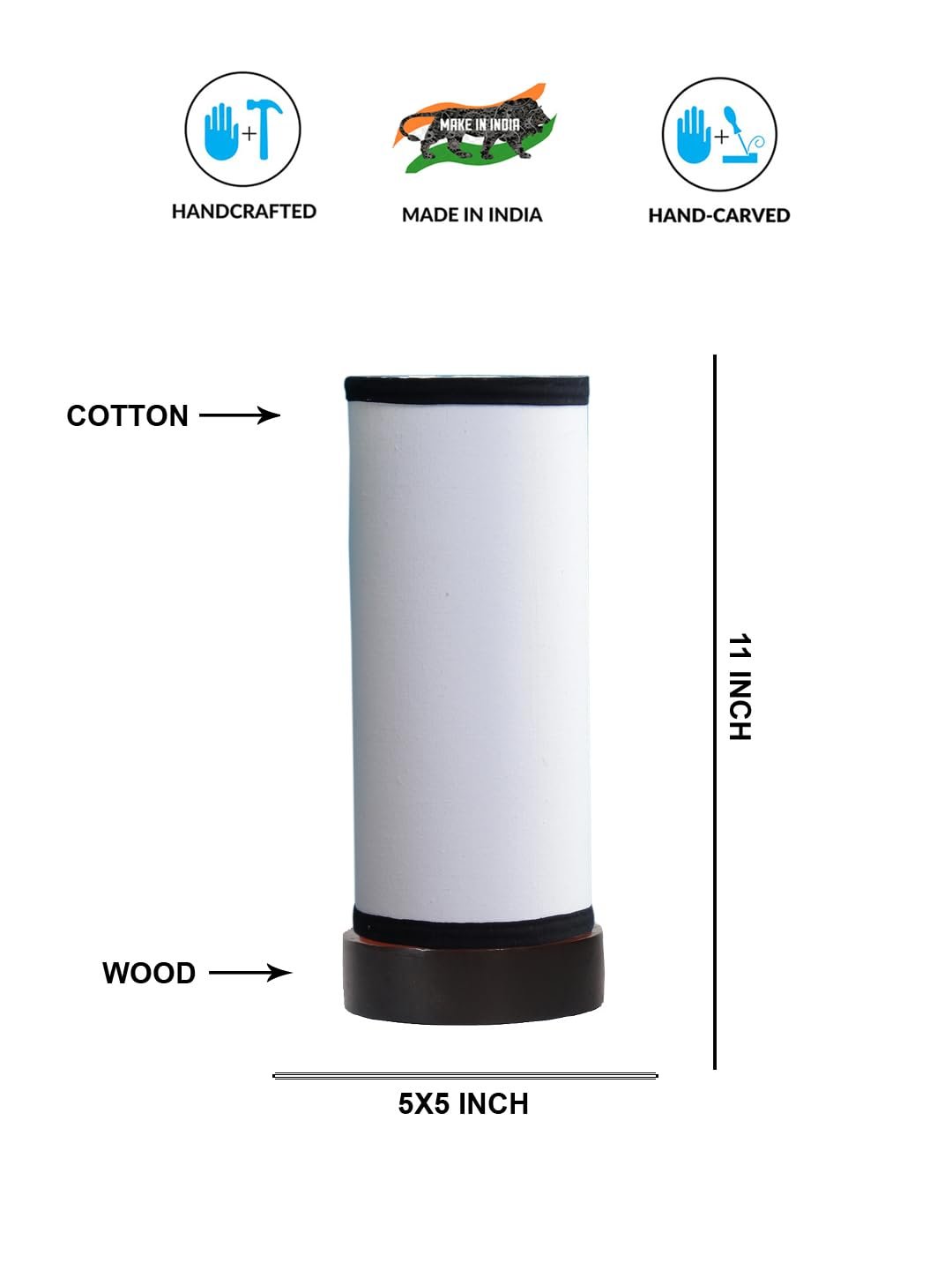 White & Black Cotton Table lamp Office/Home/Gifting with Wood Black Base (5x5x11) Inches -White & Black