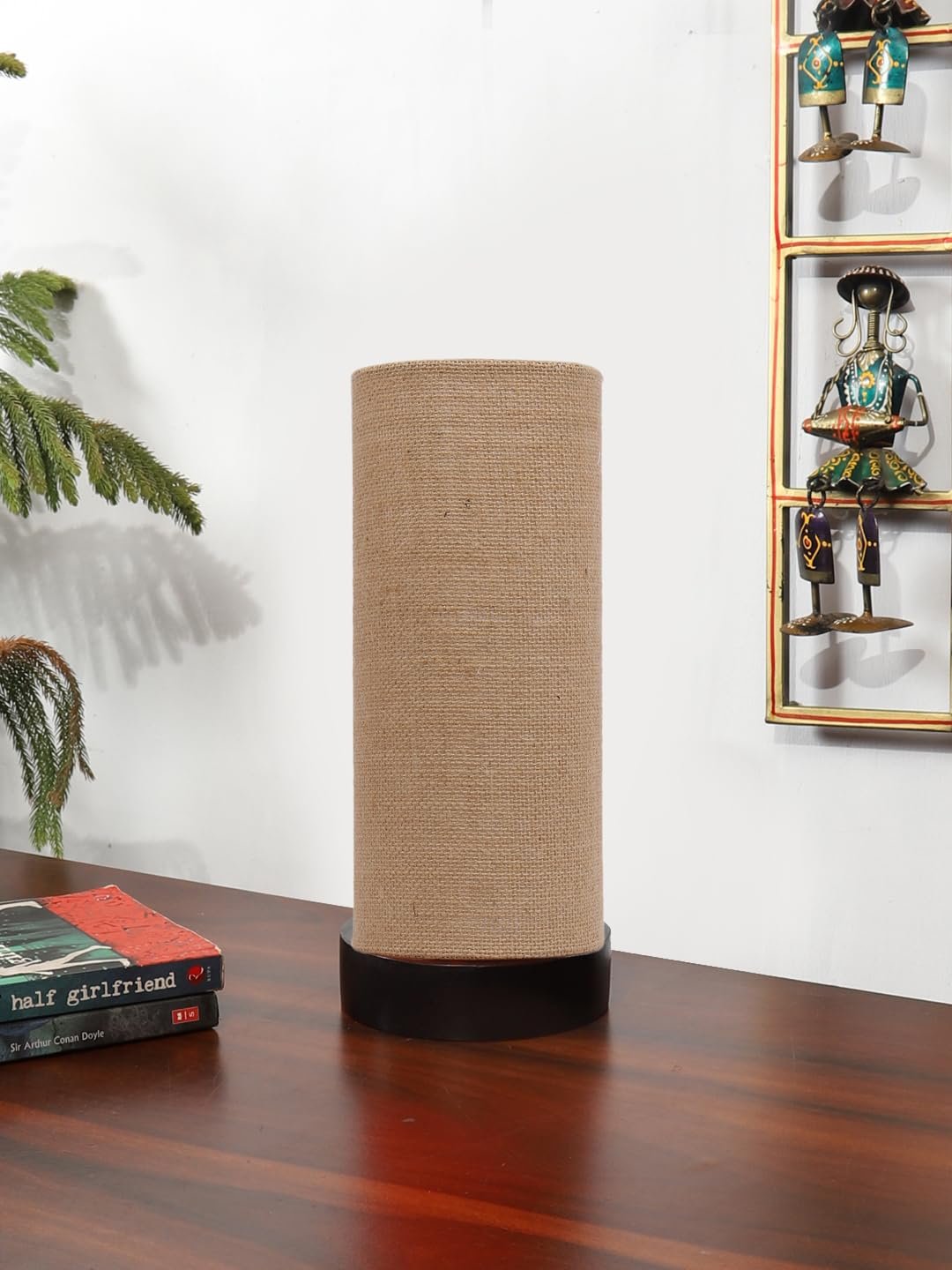 Beige Jute Table lamp Office/Home/Gifting with Wood Black Base (5x5x11) Inches -Beige