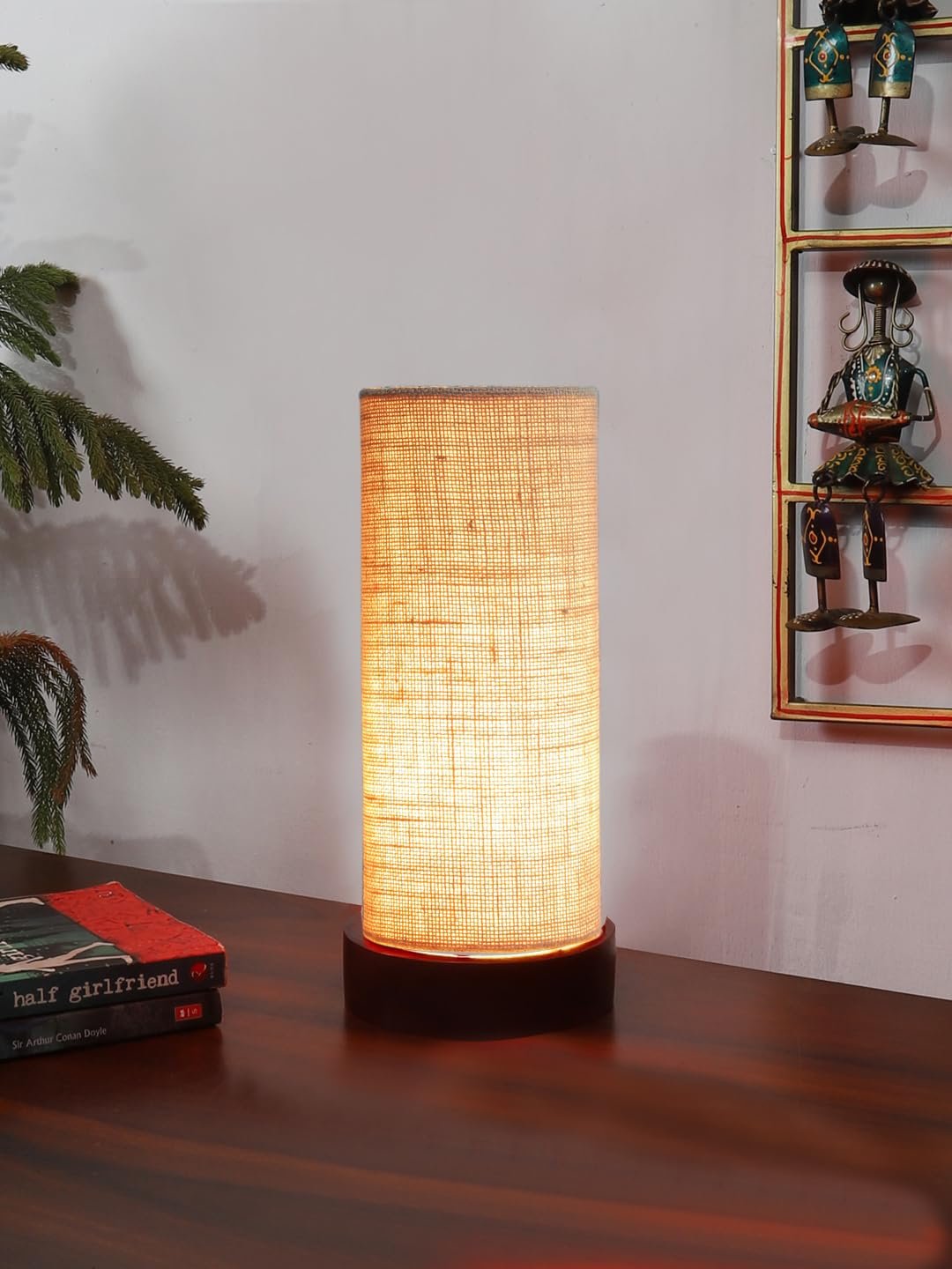 Beige Jute Table lamp Office/Home/Gifting with Wood Black Base (5x5x11) Inches -Beige