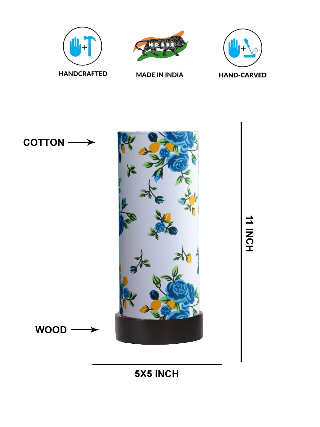 Multicolor Cotton Table lamp Office/Home/Gifting with Wood Black Base (5x5x11) Inches -A-Multicolor