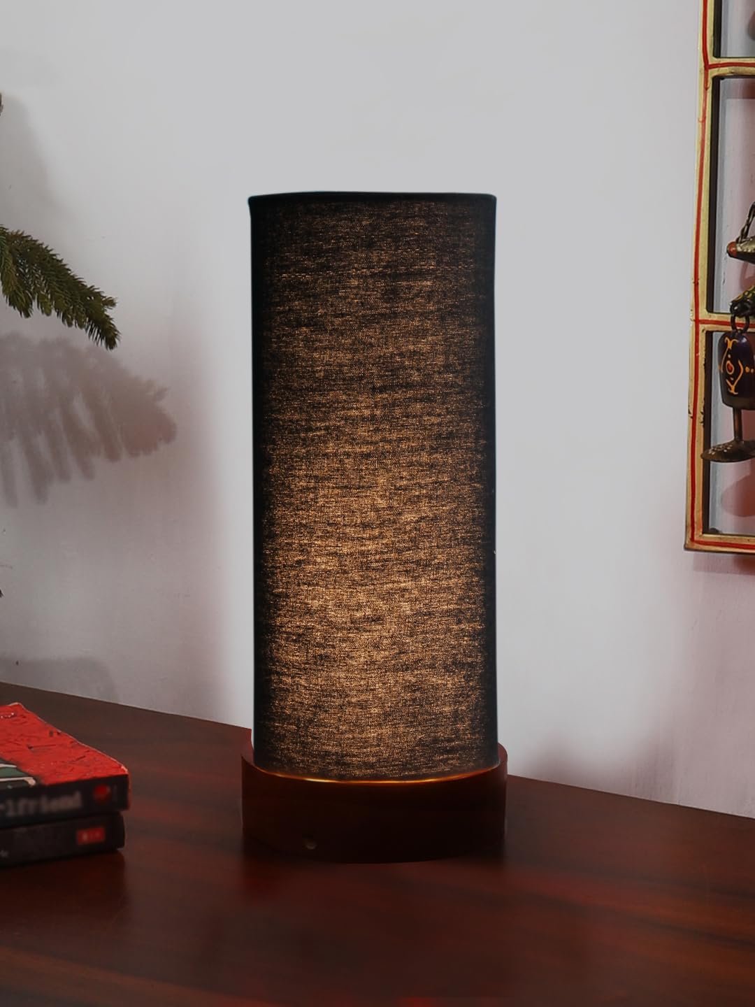Black Cotton Table lamp Office/Home/Gifting with Wood Brown Base (5x5x11) Inches -Black