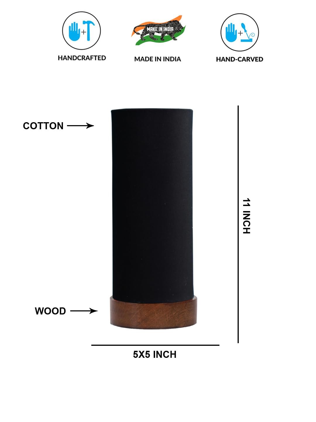 Black Cotton Table lamp Office/Home/Gifting with Wood Brown Base (5x5x11) Inches -Black