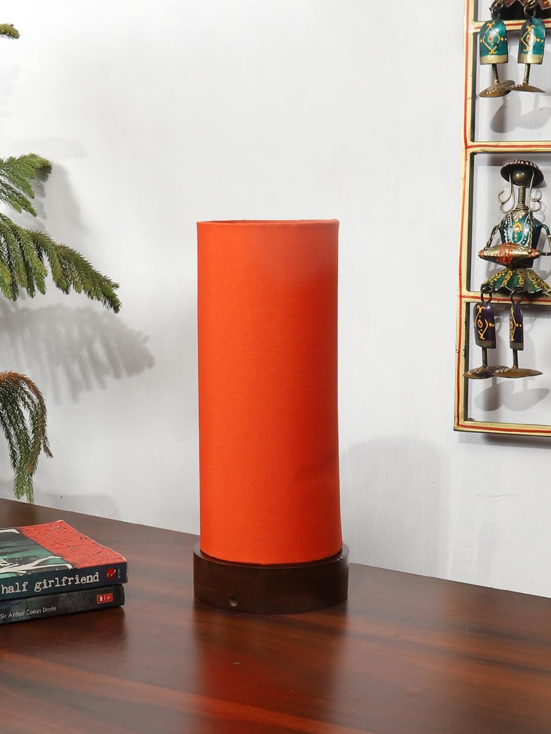 Orange Cotton Table lamp Office/Home/Gifting with Wood Brown Base (5x5x11) Inches -Orange