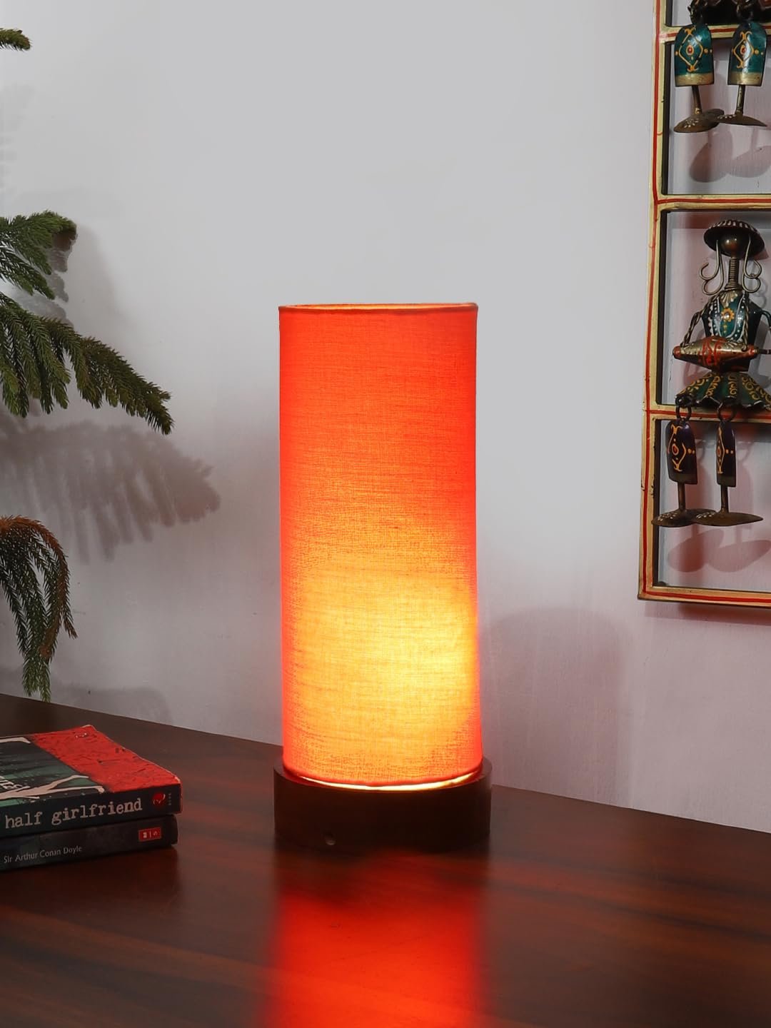 Orange Cotton Table lamp Office/Home/Gifting with Wood Brown Base (5x5x11) Inches -Orange