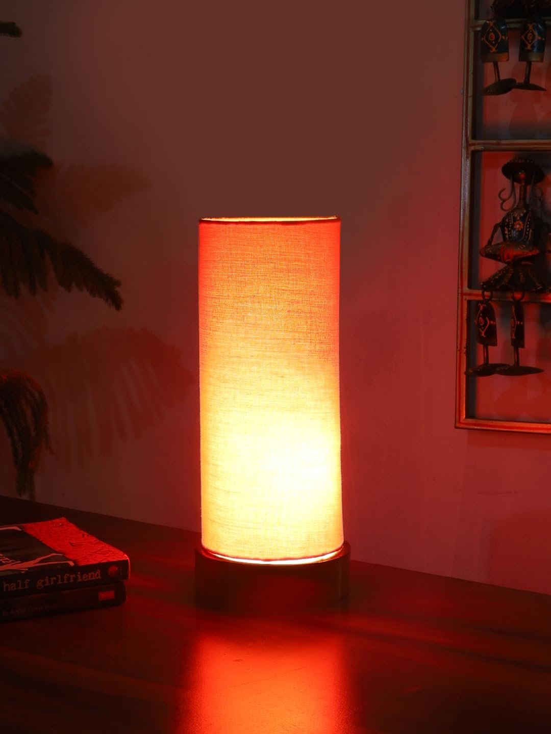 Orange Cotton Table lamp Office/Home/Gifting with Wood Brown Base (5x5x11) Inches -Orange