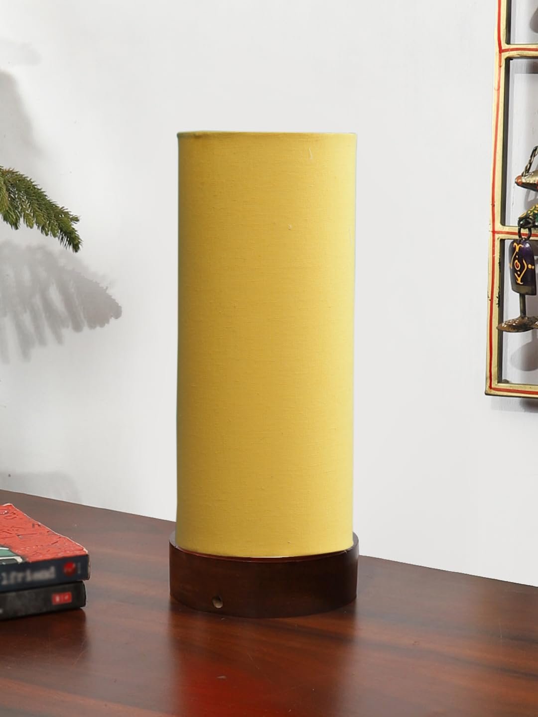 Yellow Cotton Table lamp Office/Home/Gifting with Wood Brown Base (5x5x11) Inches -Yellow