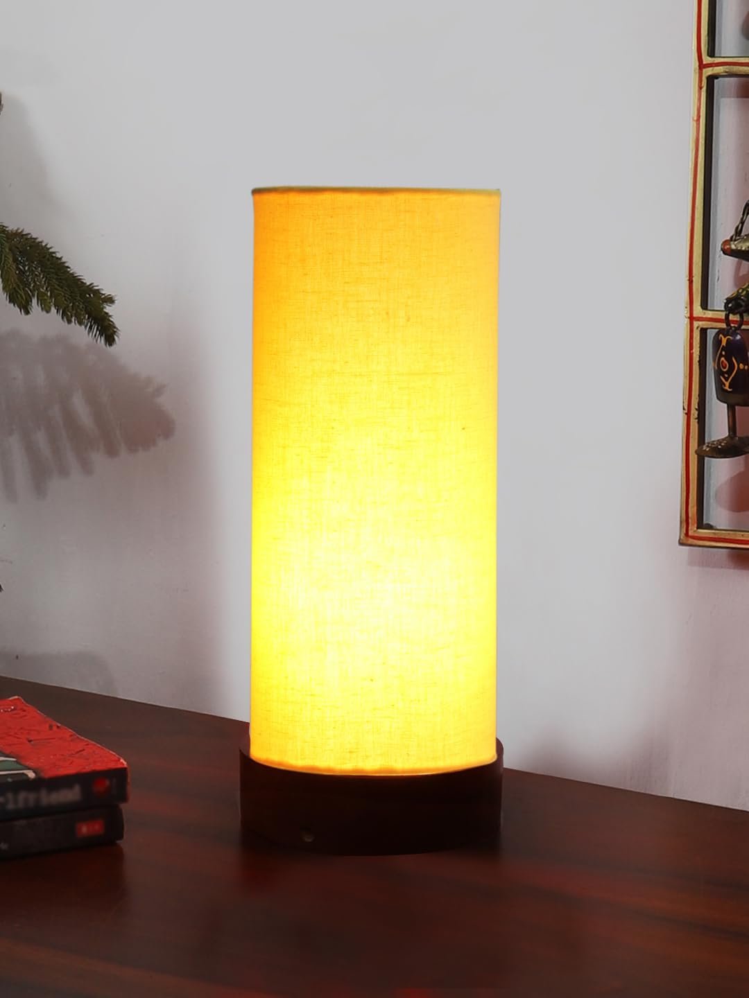 Yellow Cotton Table lamp Office/Home/Gifting with Wood Brown Base (5x5x11) Inches -Yellow