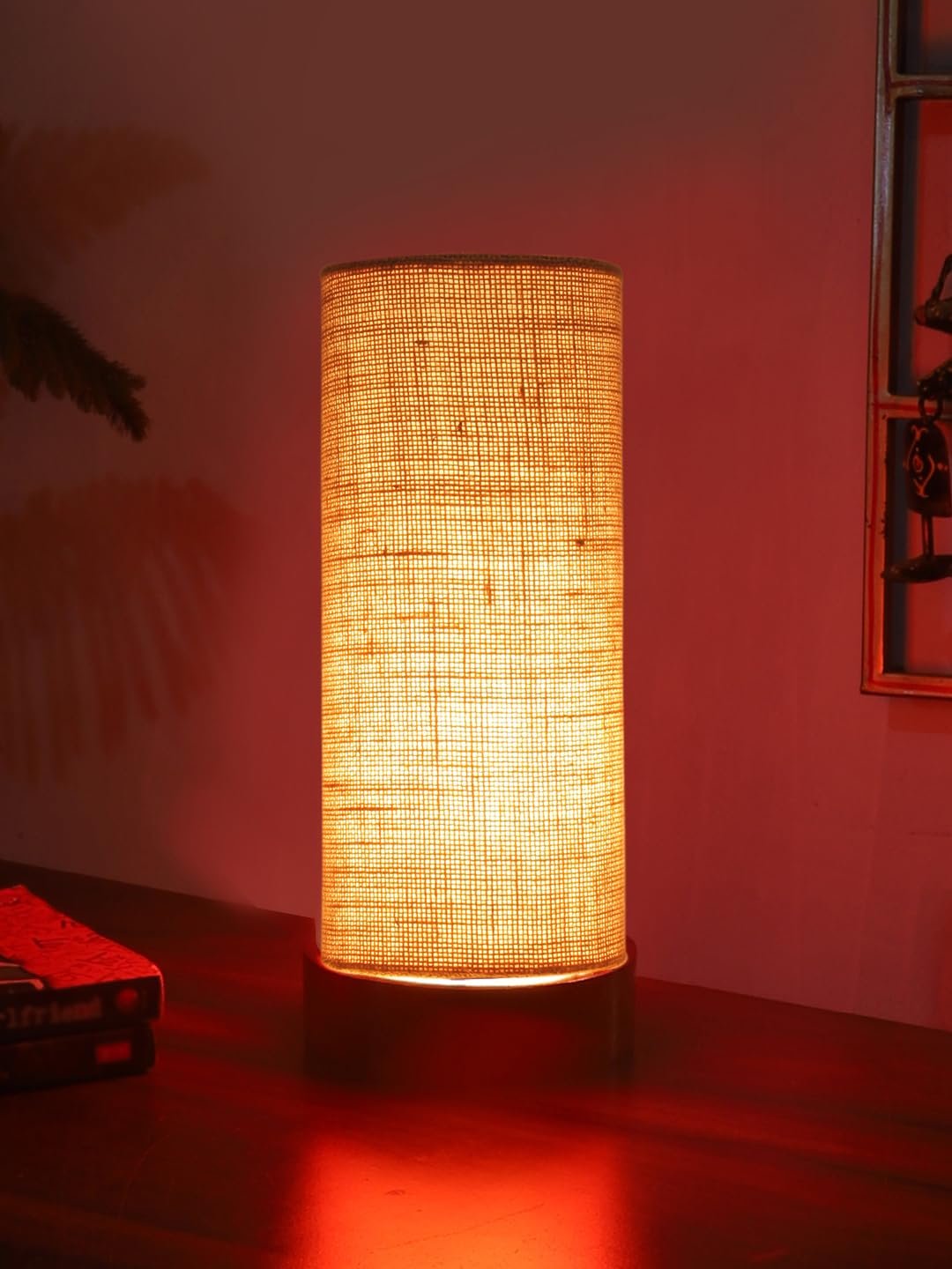 Beige Jute Table lamp Office/Home/Gifting with Wood Brown Base (5x5x11) Inches -Beige