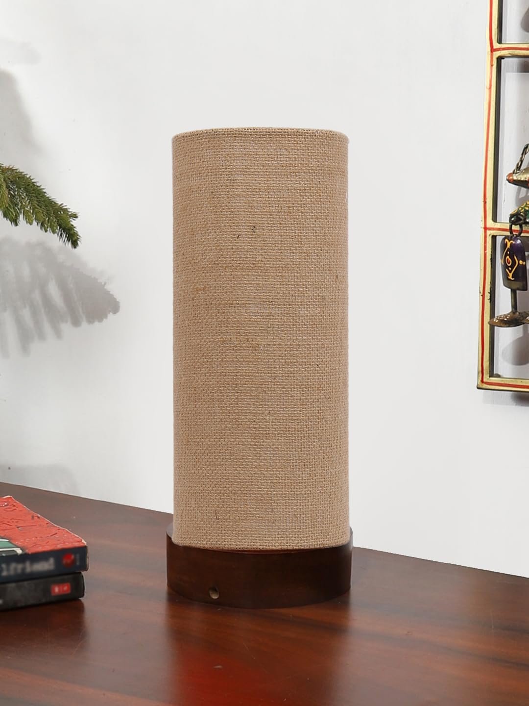 Beige Jute Table lamp Office/Home/Gifting with Wood Brown Base (5x5x11) Inches -Beige