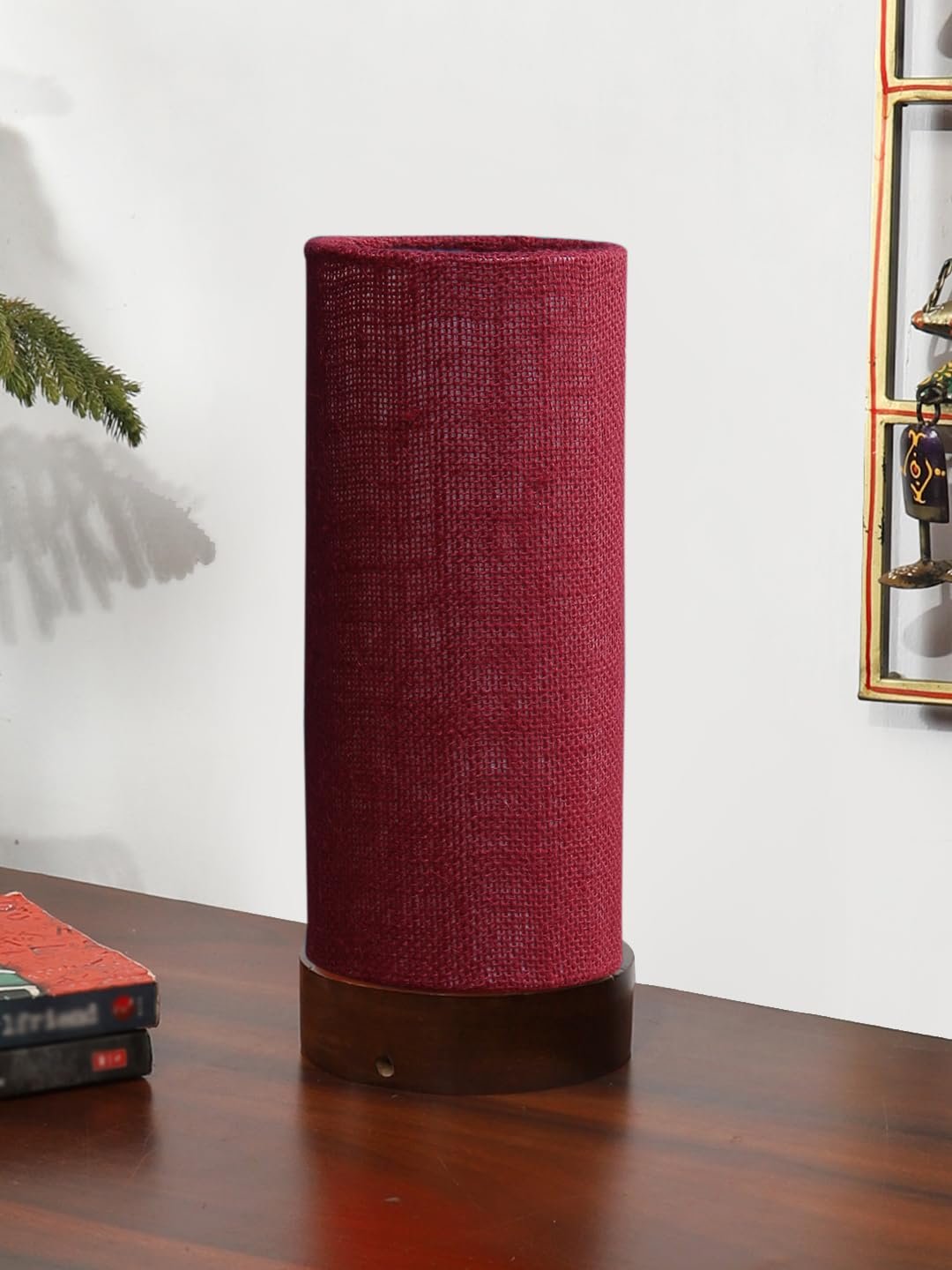 Maroon Jute Table lamp Office/Home/Gifting with Wood Brown Base (5x5x11) Inches -Maroon