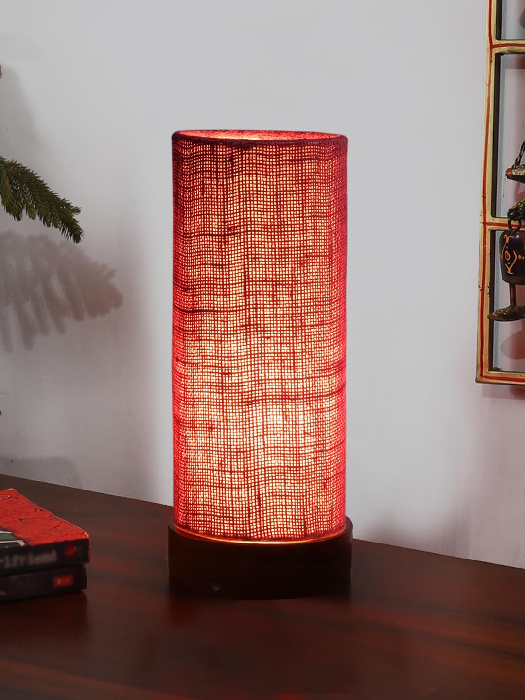 Maroon Jute Table lamp Office/Home/Gifting with Wood Brown Base (5x5x11) Inches -Maroon