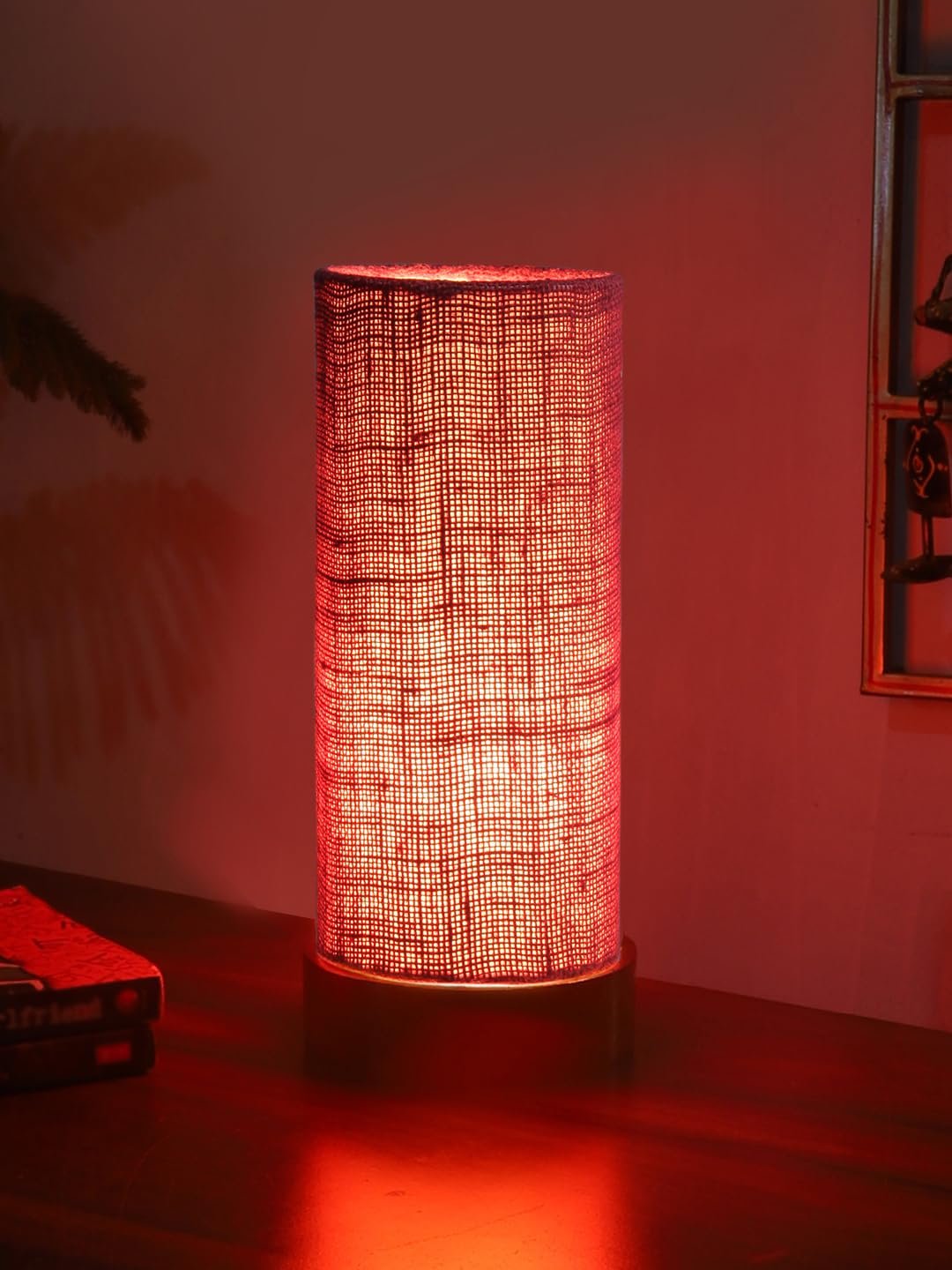 Maroon Jute Table lamp Office/Home/Gifting with Wood Brown Base (5x5x11) Inches -Maroon