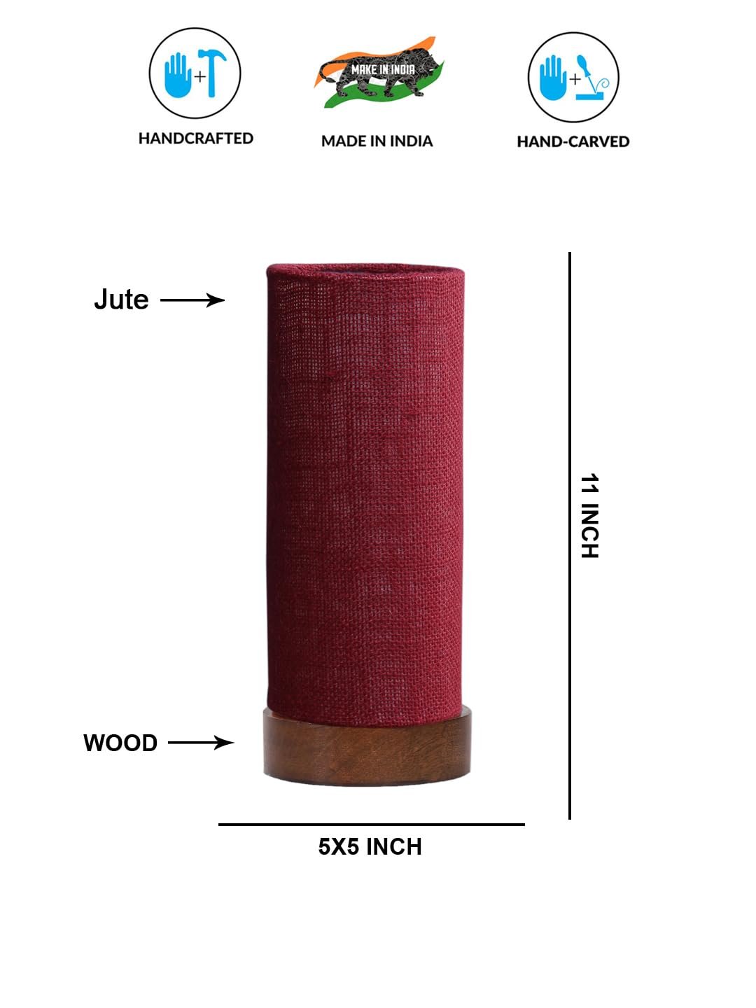 Maroon Jute Table lamp Office/Home/Gifting with Wood Brown Base (5x5x11) Inches -Maroon