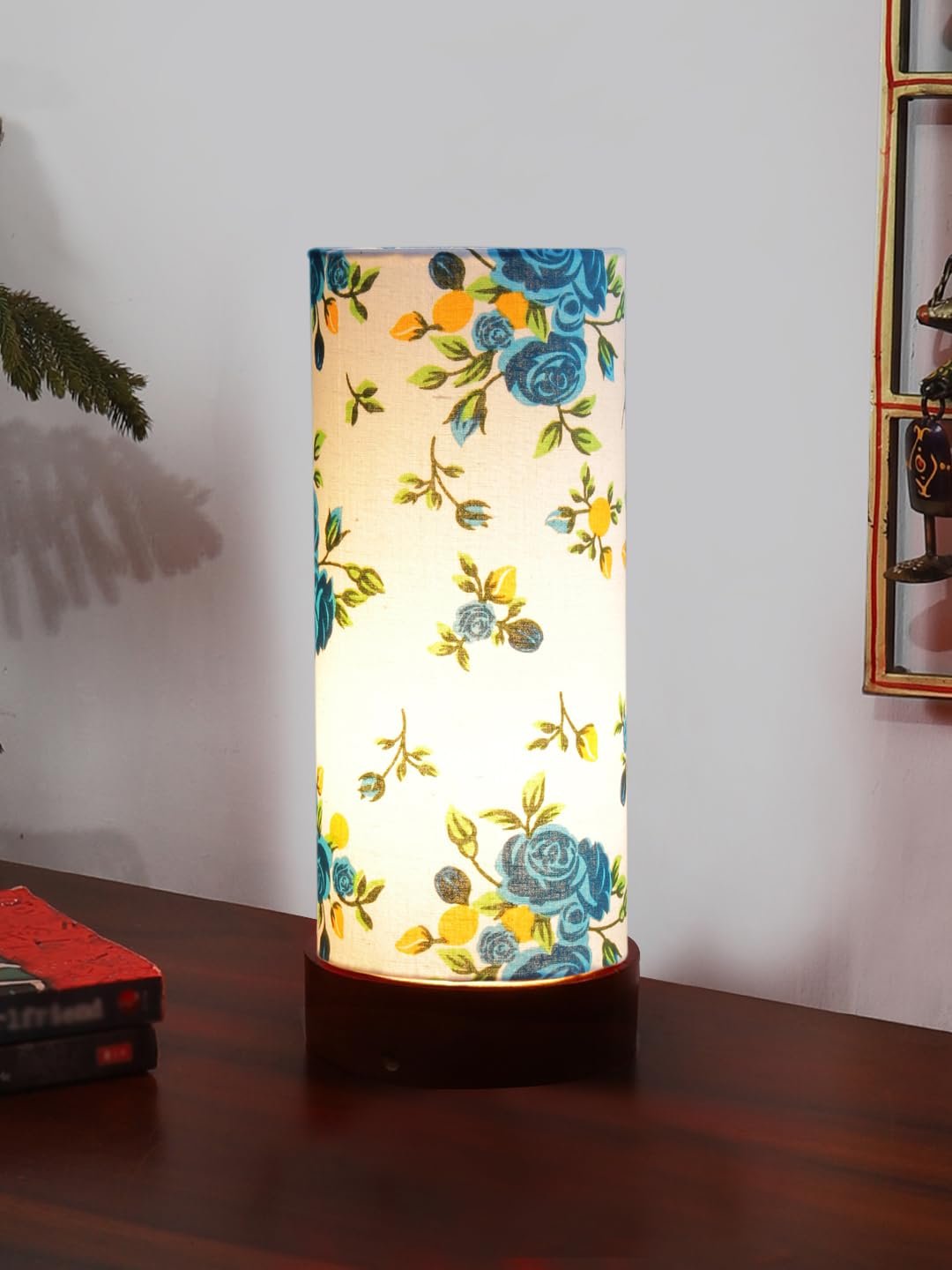 Multicolor Cotton Table lamp Office/Home/Gifting with Wood Brown Base (5x5x11) Inches -D-Multicolor