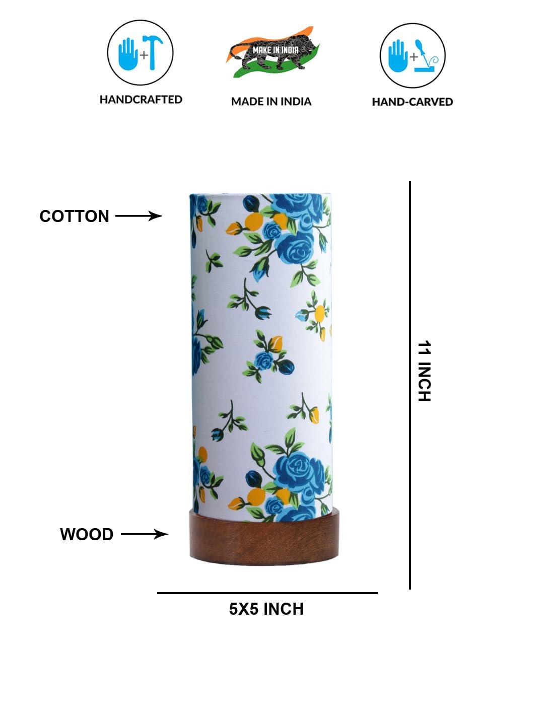 Multicolor Cotton Table lamp Office/Home/Gifting with Wood Brown Base (5x5x11) Inches -D-Multicolor