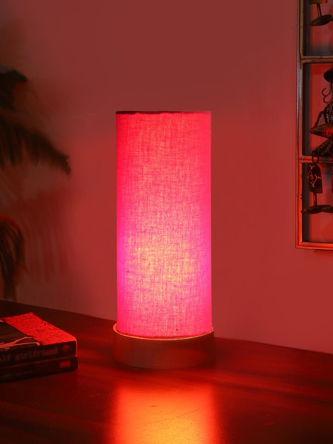 Red Cotton Table lamp Office/Home/Gifting with Wood Natural Base (5x5x11) Inches -Red