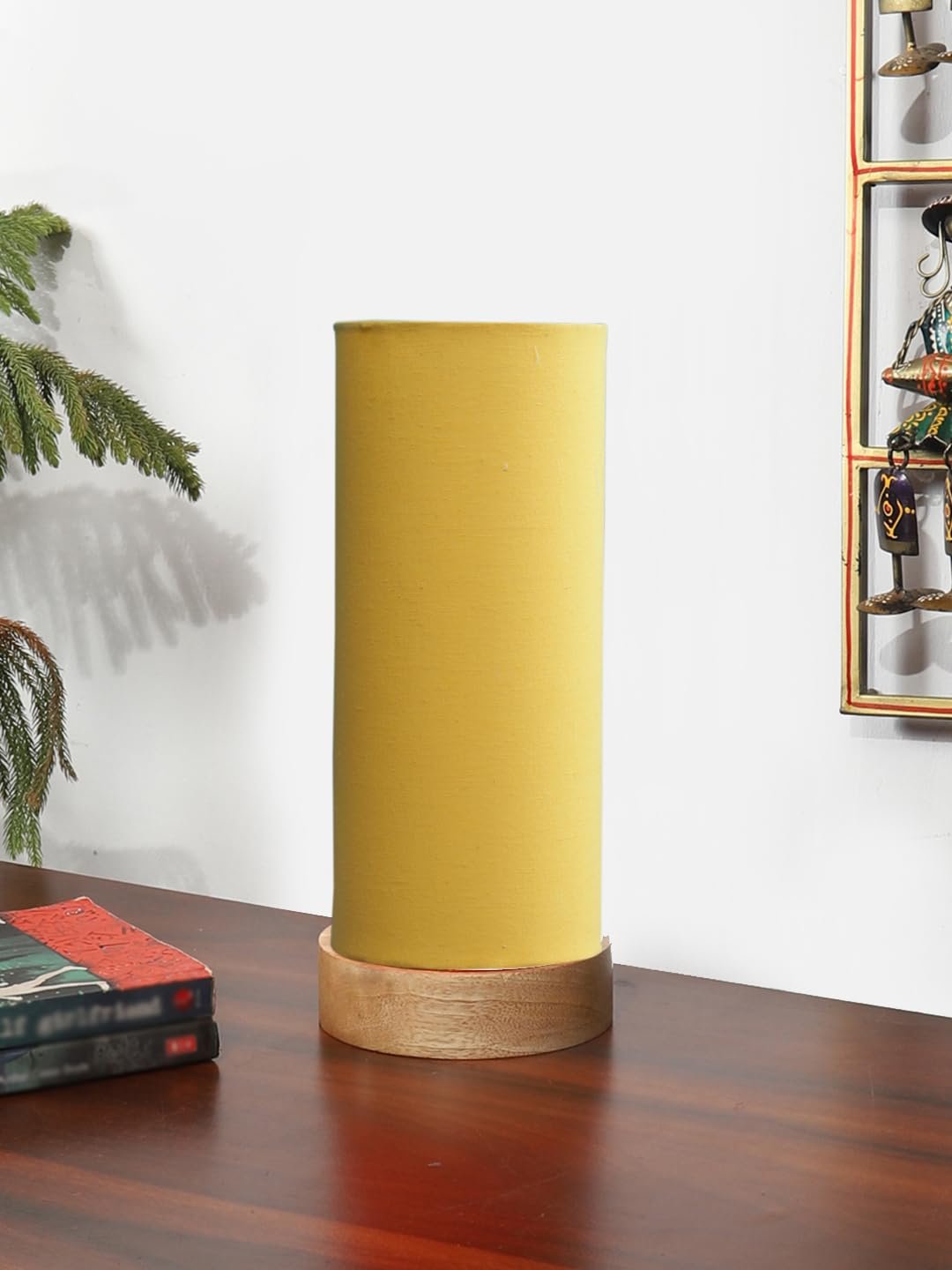 Yellow Cotton Table lamp Office/Home/Gifting with Wood Natural Base (5x5x11) Inches -Yellow