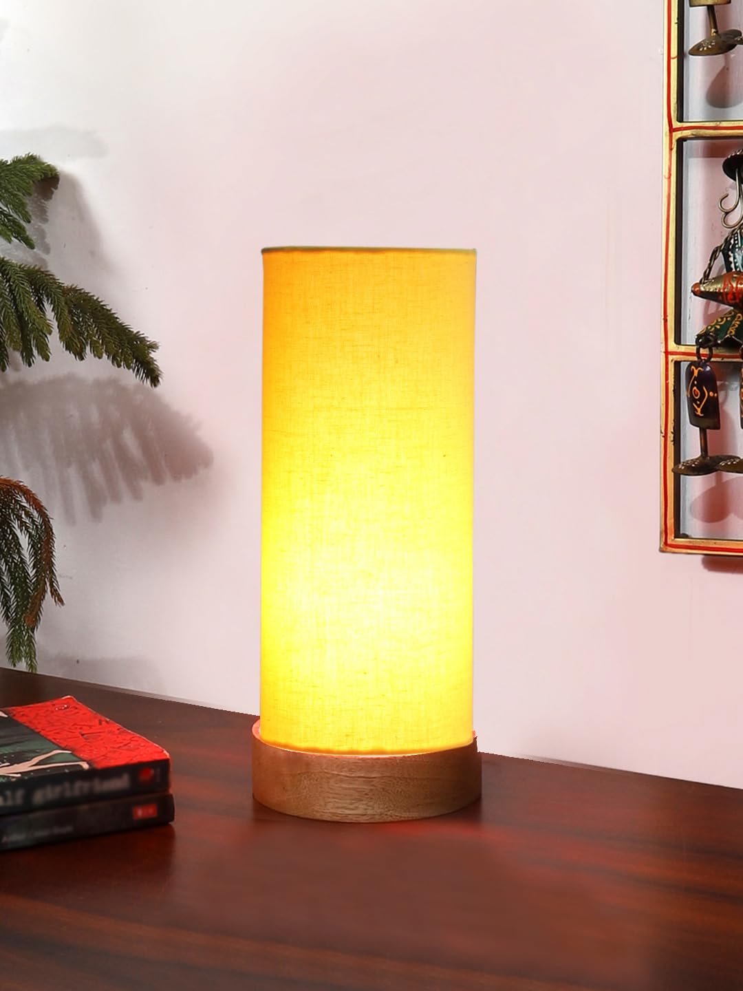 Yellow Cotton Table lamp Office/Home/Gifting with Wood Natural Base (5x5x11) Inches -Yellow