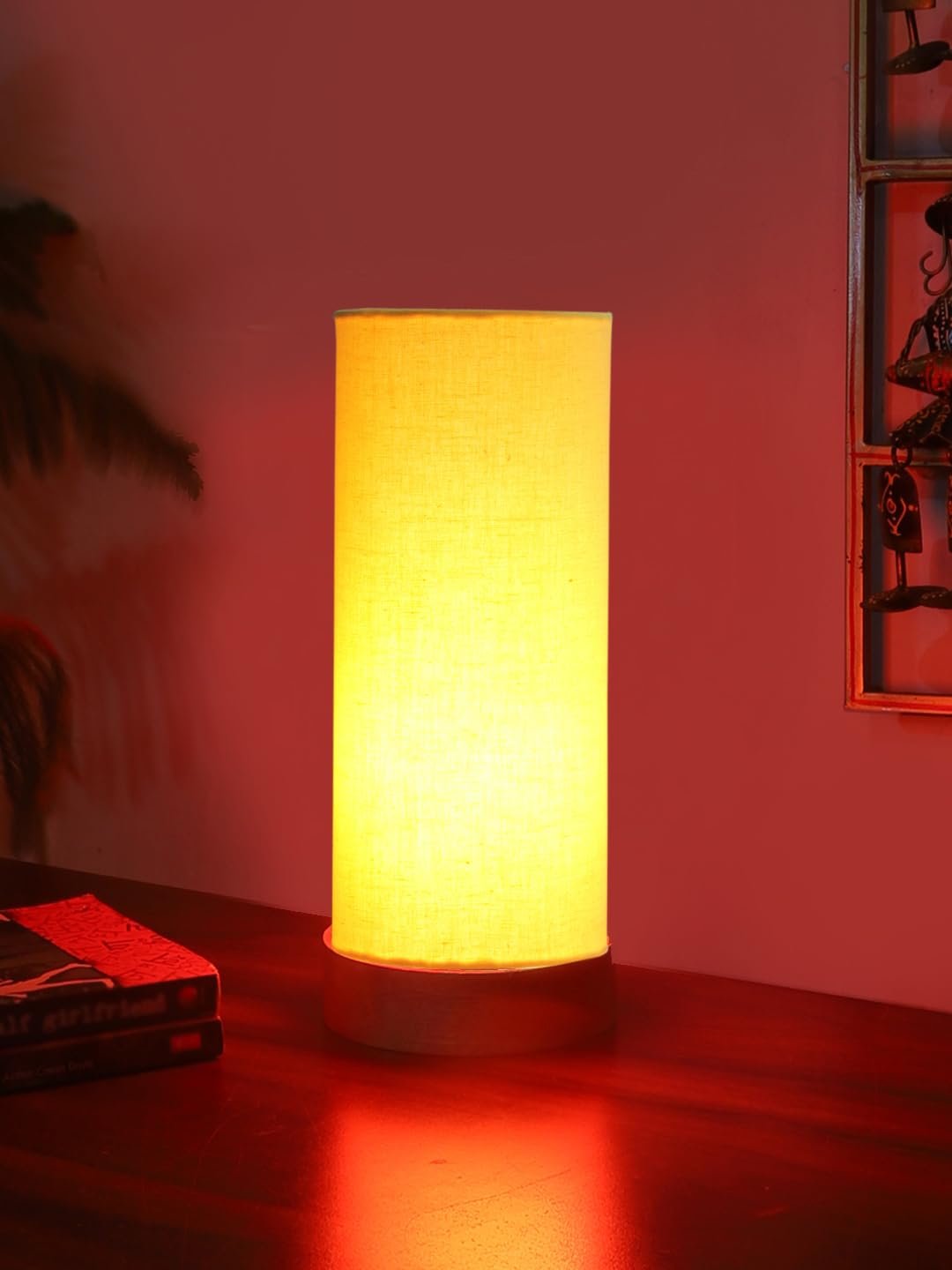 Yellow Cotton Table lamp Office/Home/Gifting with Wood Natural Base (5x5x11) Inches -Yellow