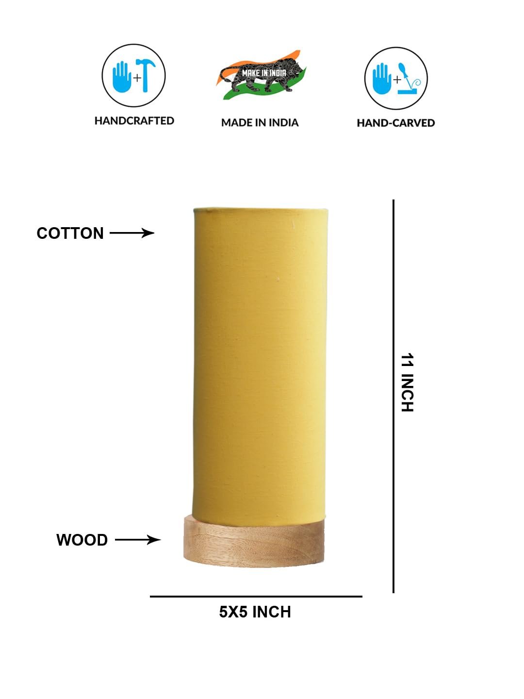 Yellow Cotton Table lamp Office/Home/Gifting with Wood Natural Base (5x5x11) Inches -Yellow