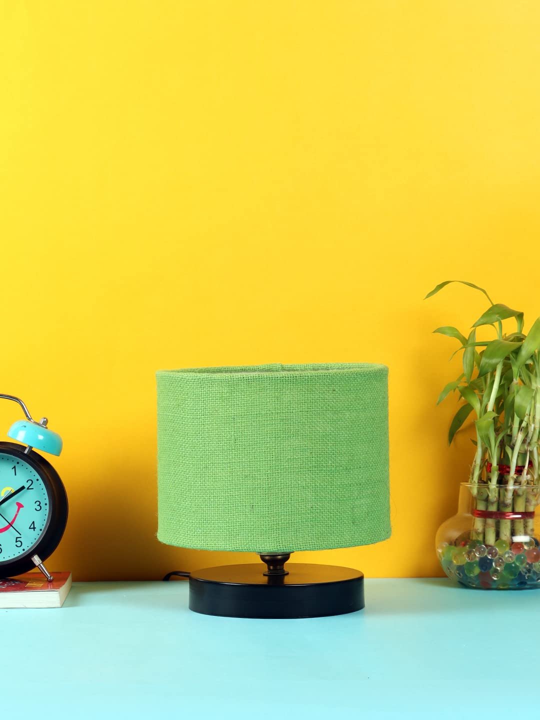 Green Jute Shade Lamp with Black Wood Base for Decoration/Office/Home/Gifting/Study for Office/Home/Gifting -(7x7x7) Inches -
