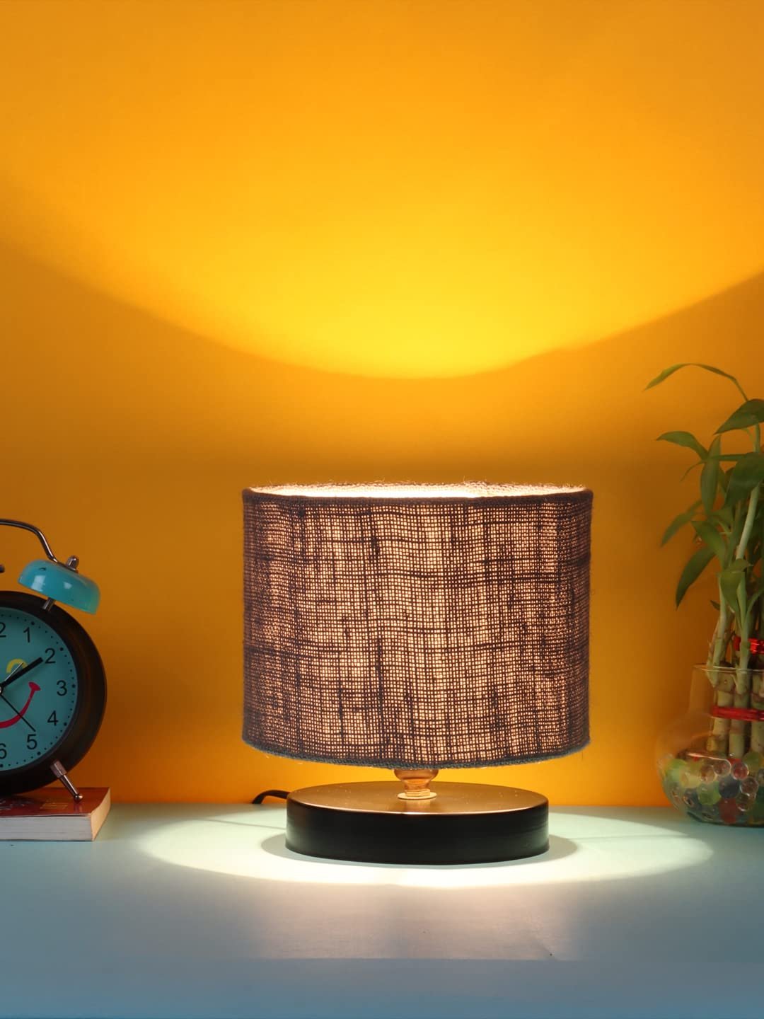 Grey Jute Shade Lamp with Black Wood Base for Decoration/Office/Home/Gifting/Study for Office/Home/Gifting -(7x7x7) Inches -
