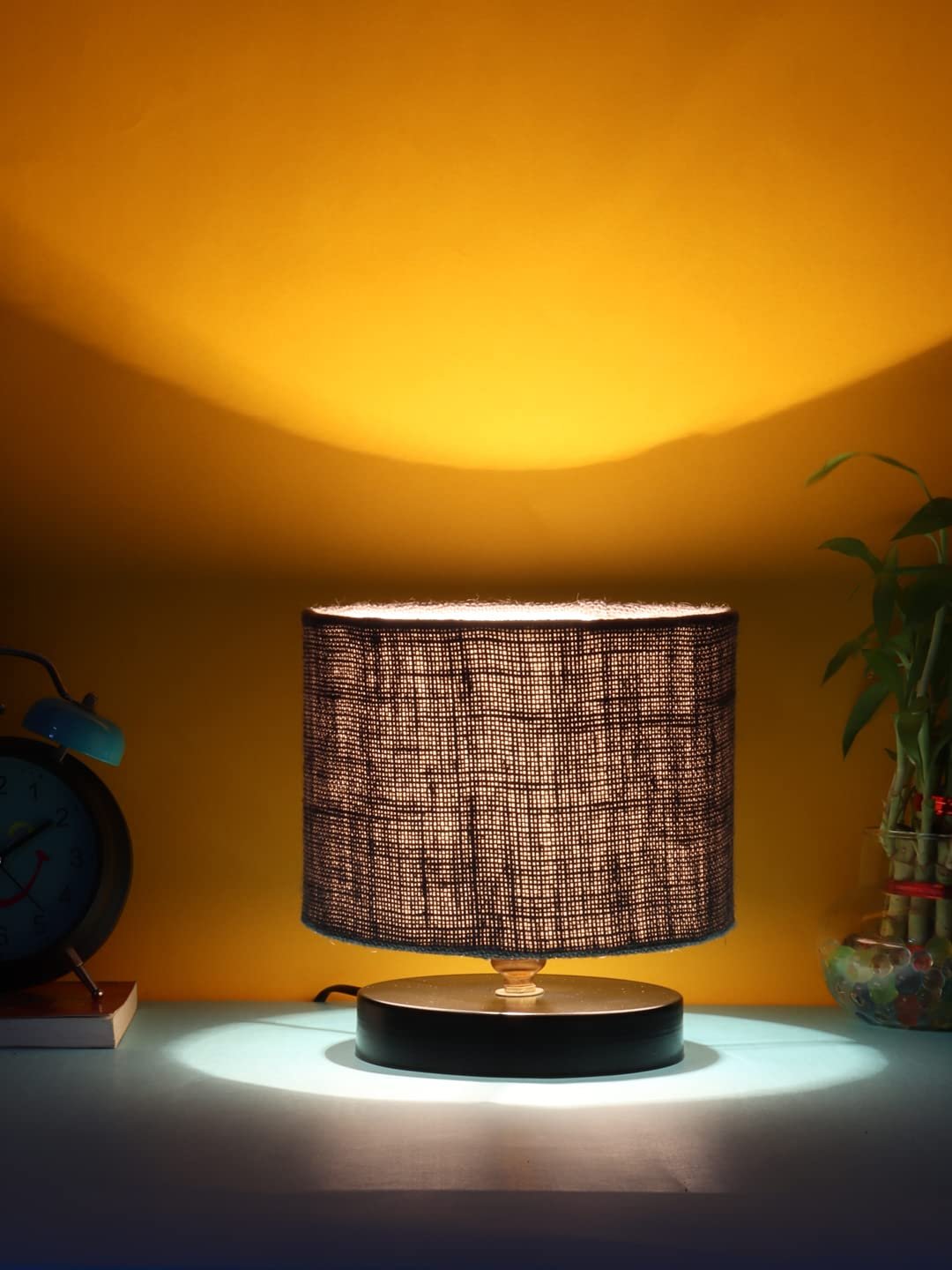 Grey Jute Shade Lamp with Black Wood Base for Decoration/Office/Home/Gifting/Study for Office/Home/Gifting -(7x7x7) Inches -