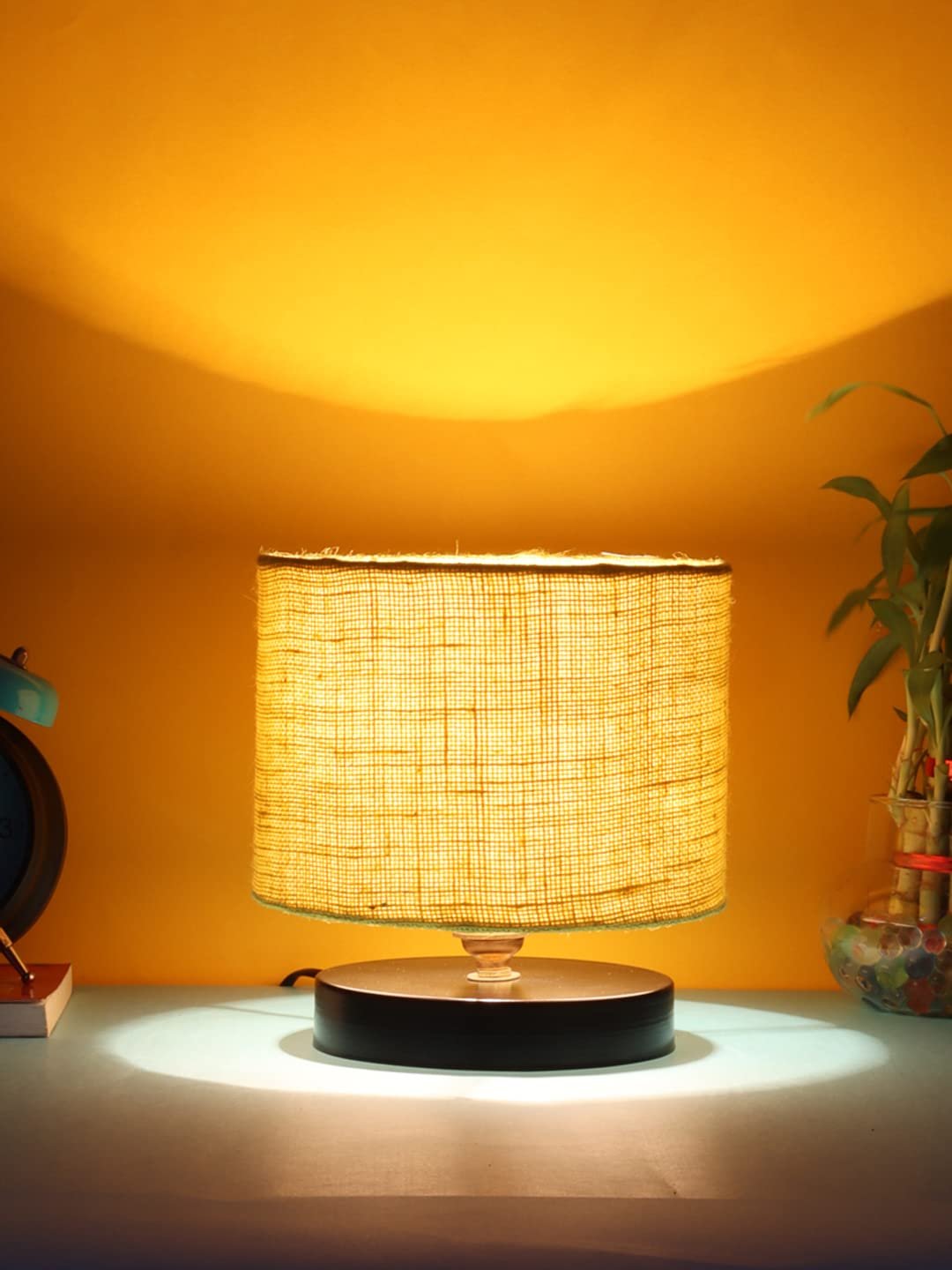 Yellow Jute Shade Lamp with Black Wood Base for Decoration/Office/Home/Gifting/Study for Office/Home/Gifting -(7x7x7) Inches -
