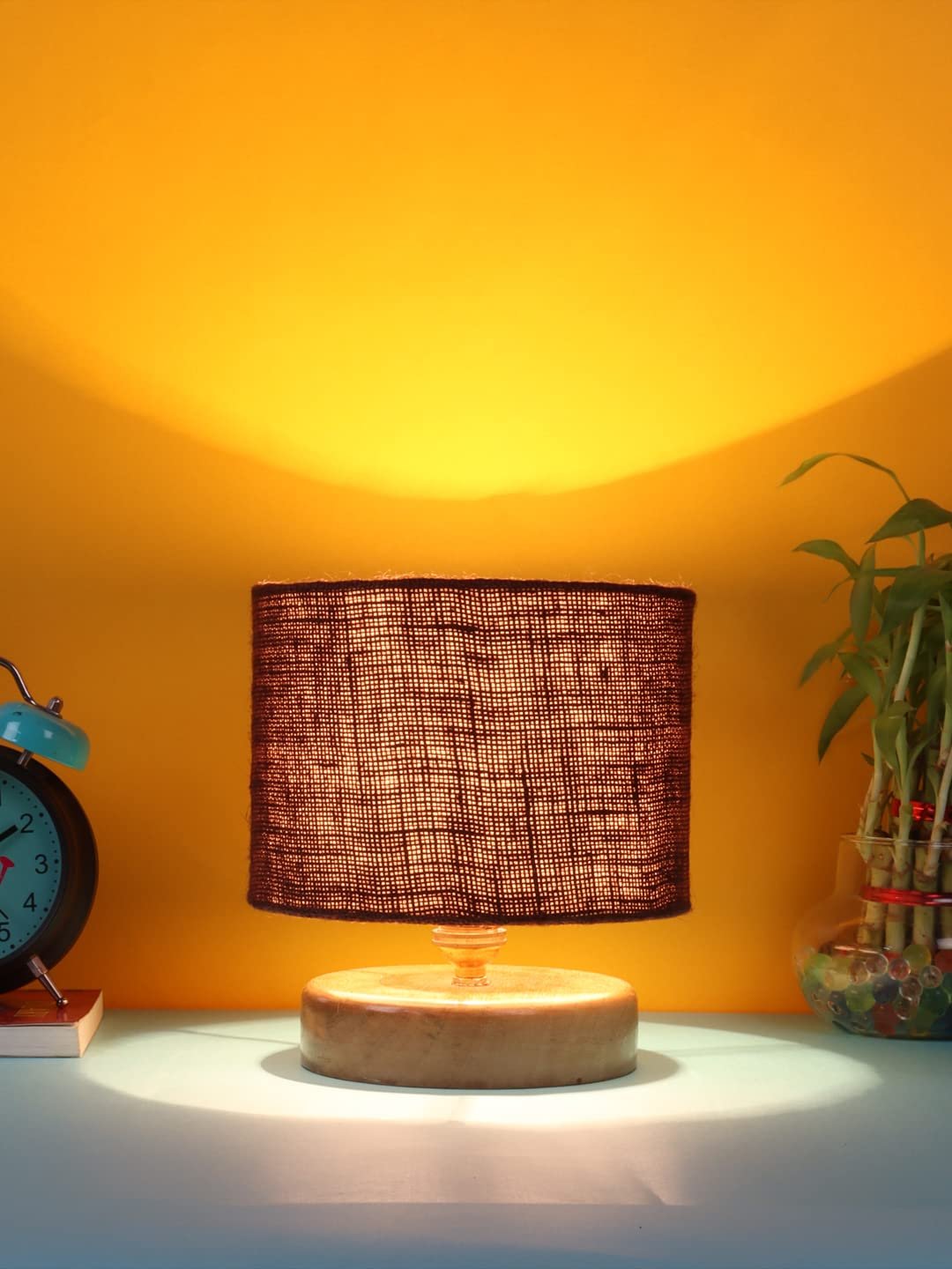 Brown Jute Shade Lamp with Natural Wood Base for Decoration/Office/Home/Gifting/Study for Office/Home/Gifting -(7x7x7) Inches -