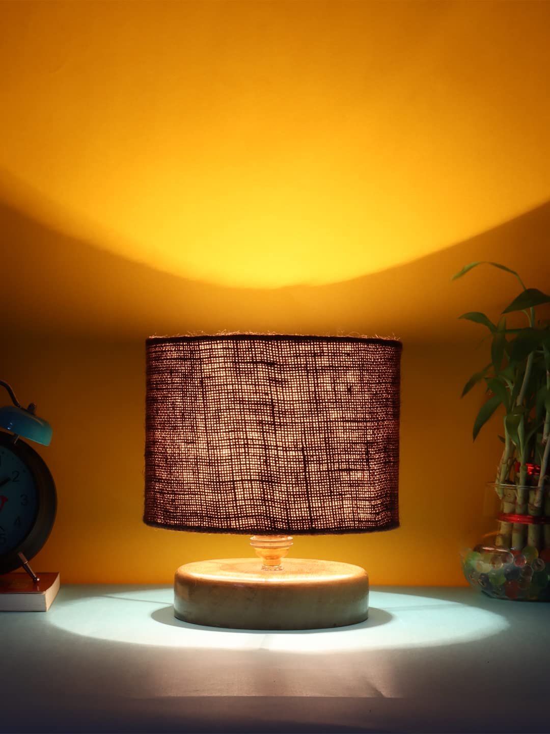 Brown Jute Shade Lamp with Natural Wood Base for Decoration/Office/Home/Gifting/Study for Office/Home/Gifting -(7x7x7) Inches -