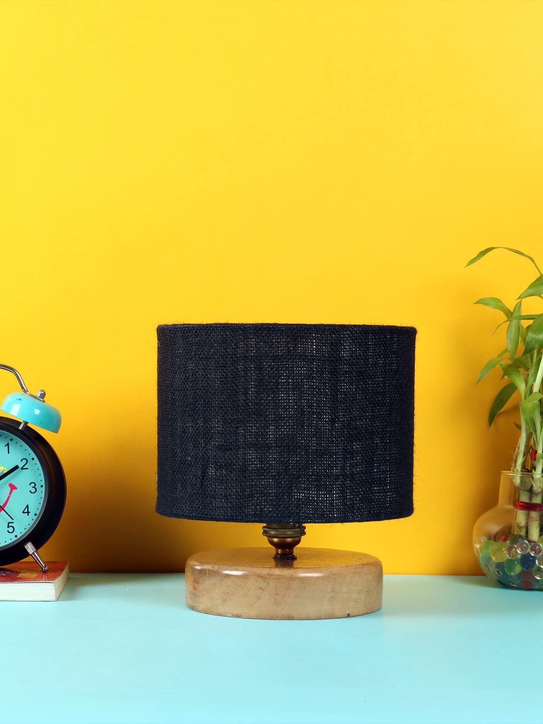 Black Jute Shade Lamp with Natural Wood Base for Decoration/Office/Home/Gifting/Study for Office/Home/Gifting -(7x7x7) Inches -