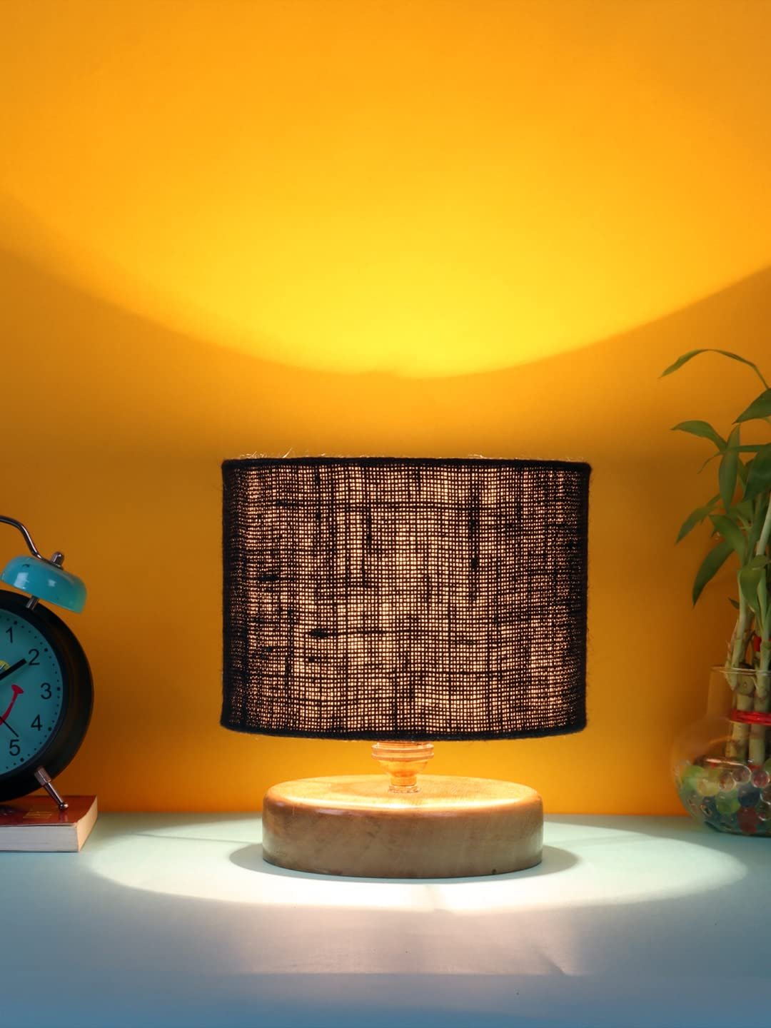Black Jute Shade Lamp with Natural Wood Base for Decoration/Office/Home/Gifting/Study for Office/Home/Gifting -(7x7x7) Inches -