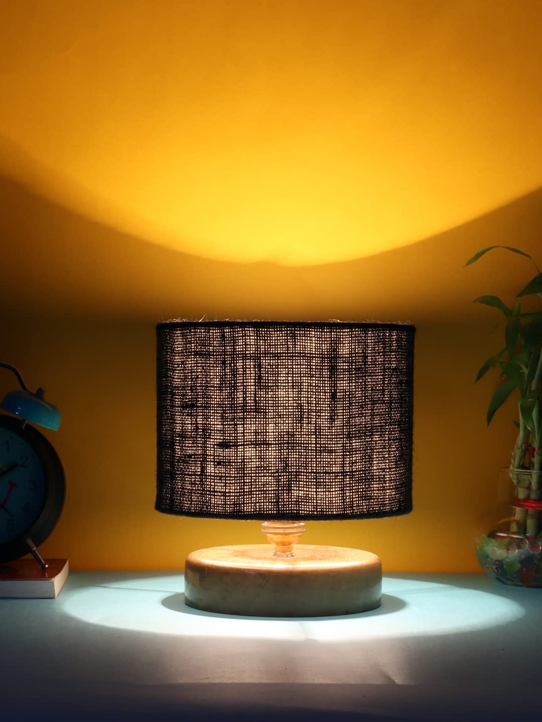 Black Jute Shade Lamp with Natural Wood Base for Decoration/Office/Home/Gifting/Study for Office/Home/Gifting -(7x7x7) Inches -