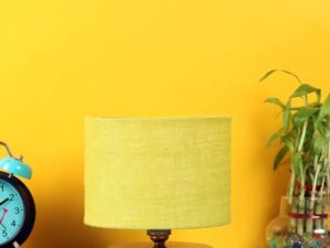 Yellow Jute Shade Lamp with Natural Wood Base for Decoration/Office/Home/Gifting/Study for Office/Home/Gifting -(7x7x7) Inches -
