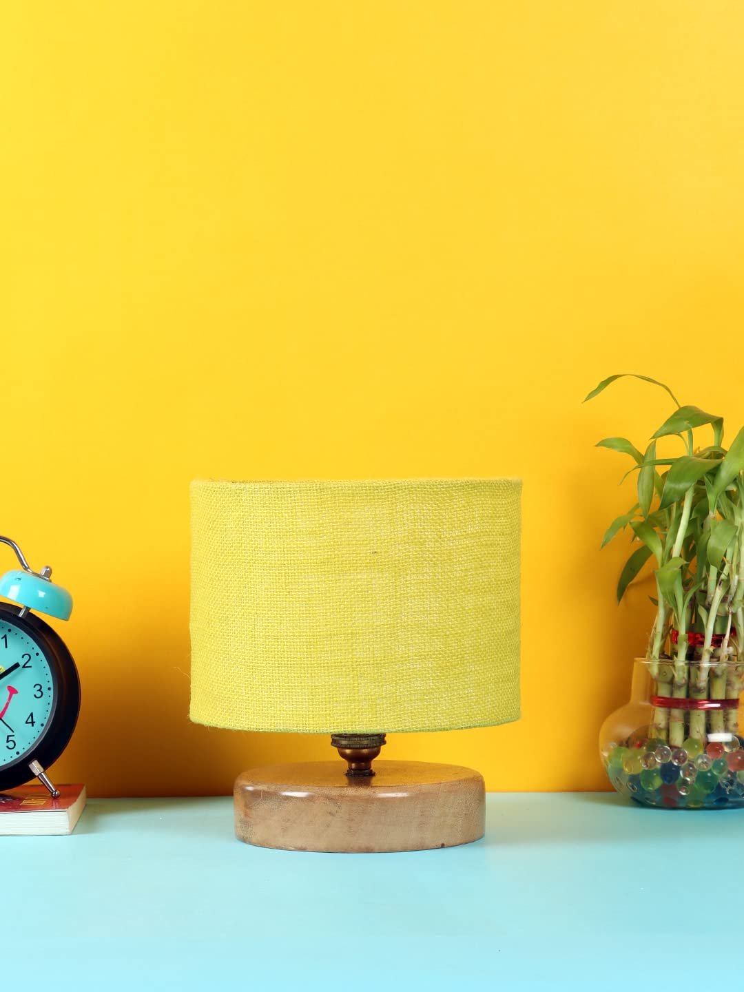 Yellow Jute Shade Lamp with Natural Wood Base for Decoration/Office/Home/Gifting/Study for Office/Home/Gifting -(7x7x7) Inches -