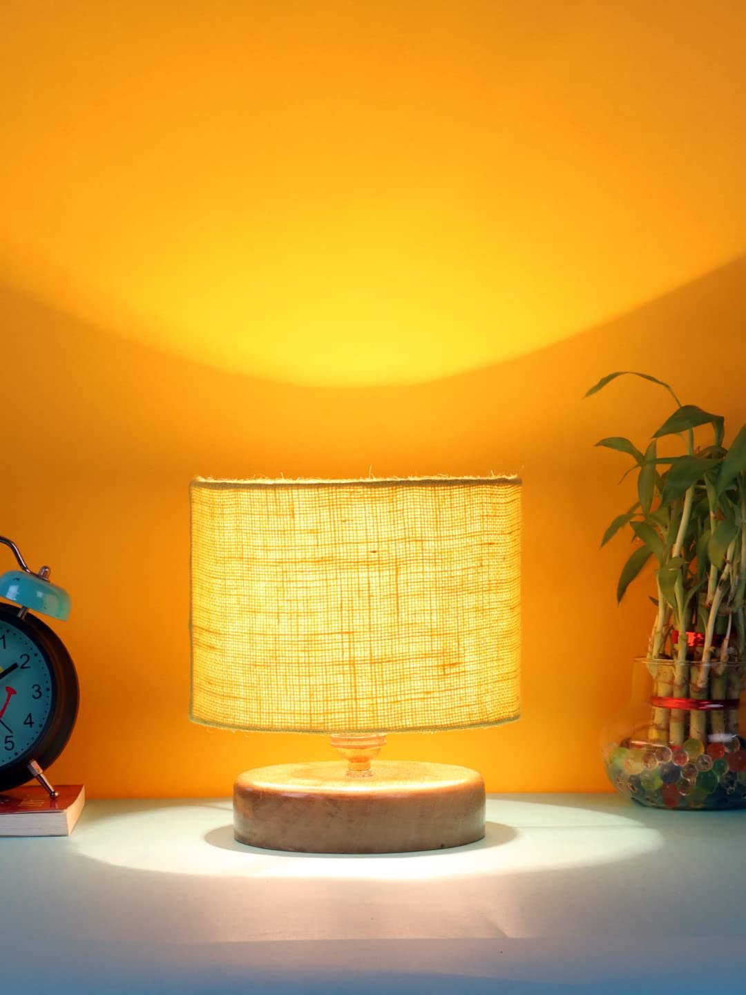Yellow Jute Shade Lamp with Natural Wood Base for Decoration/Office/Home/Gifting/Study for Office/Home/Gifting -(7x7x7) Inches -