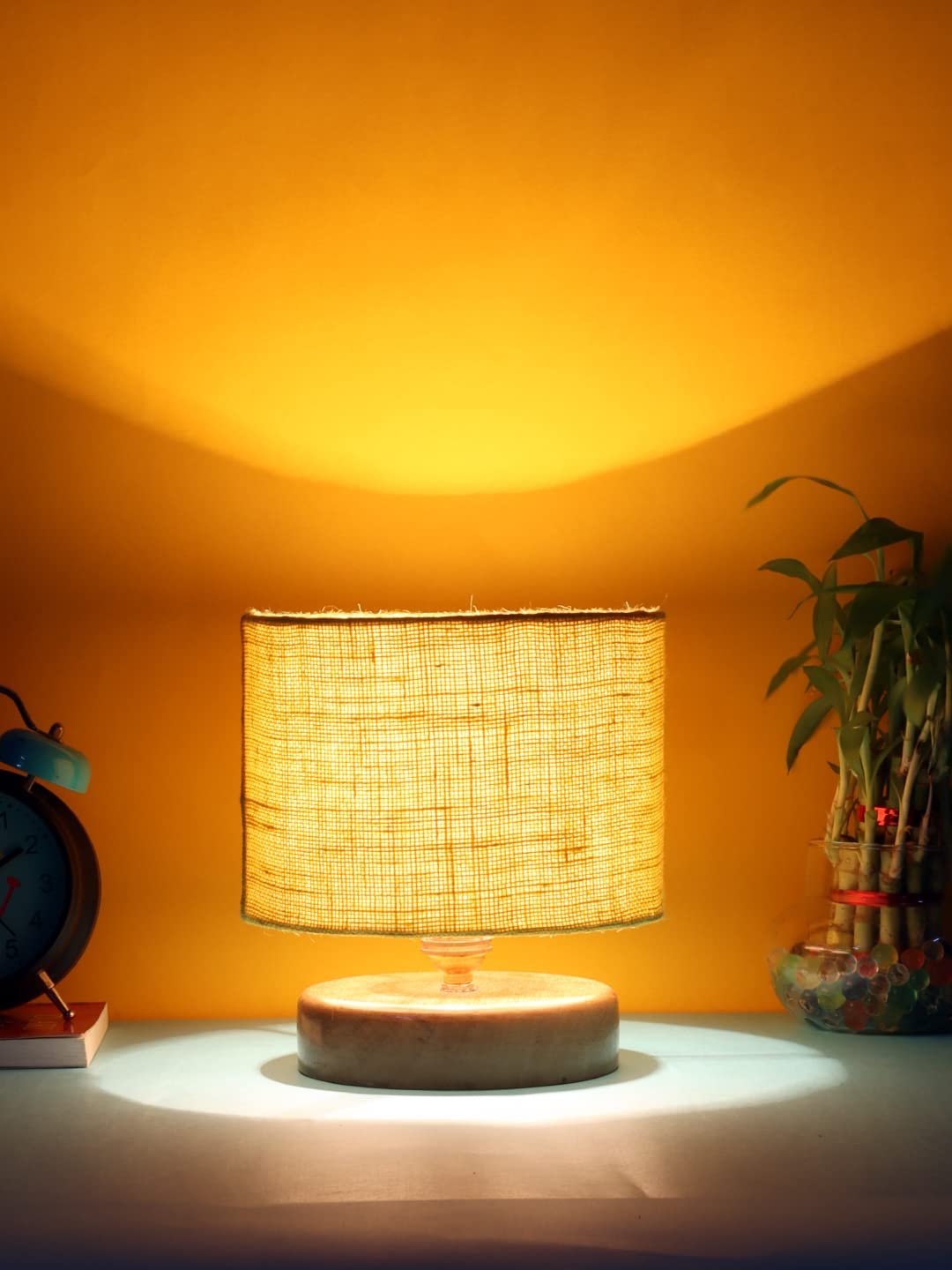 Yellow Jute Shade Lamp with Natural Wood Base for Decoration/Office/Home/Gifting/Study for Office/Home/Gifting -(7x7x7) Inches -