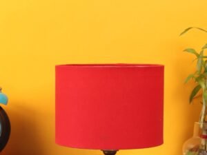 Red Cotton Table lamp with Wood Brown Base